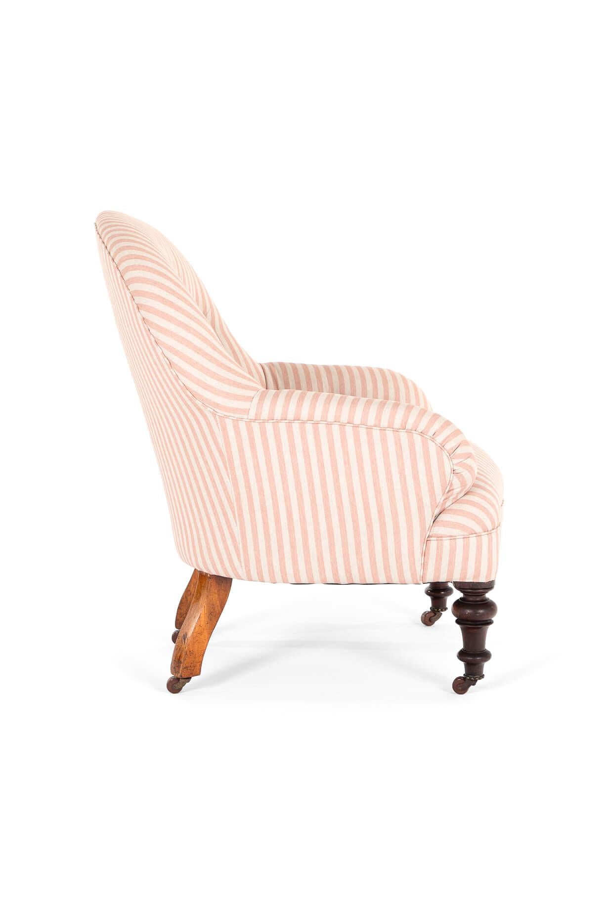 High Victorian Victorian Pink Stripe Button Back Armchair For Sale