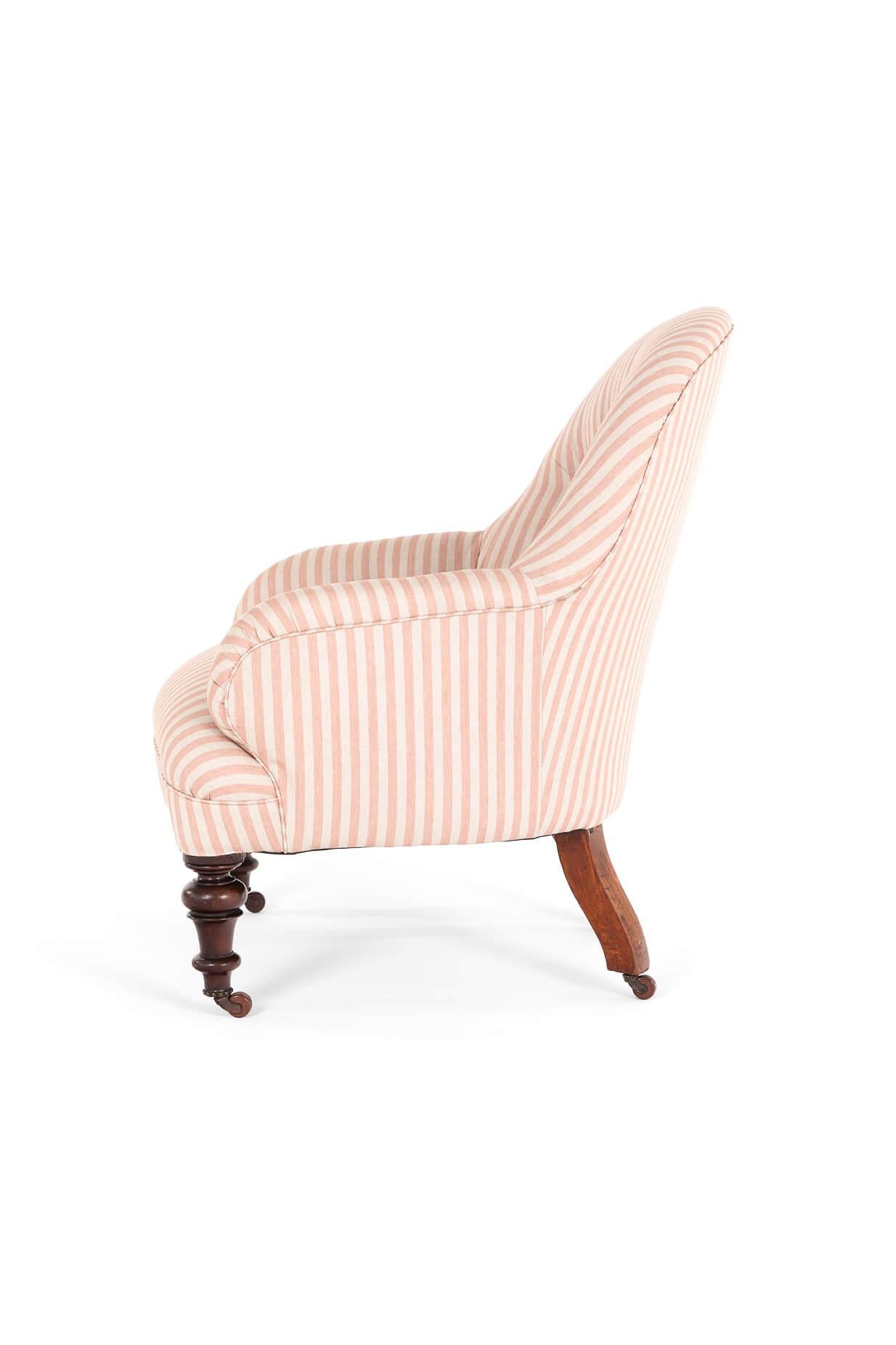 British Victorian Pink Stripe Button Back Armchair For Sale
