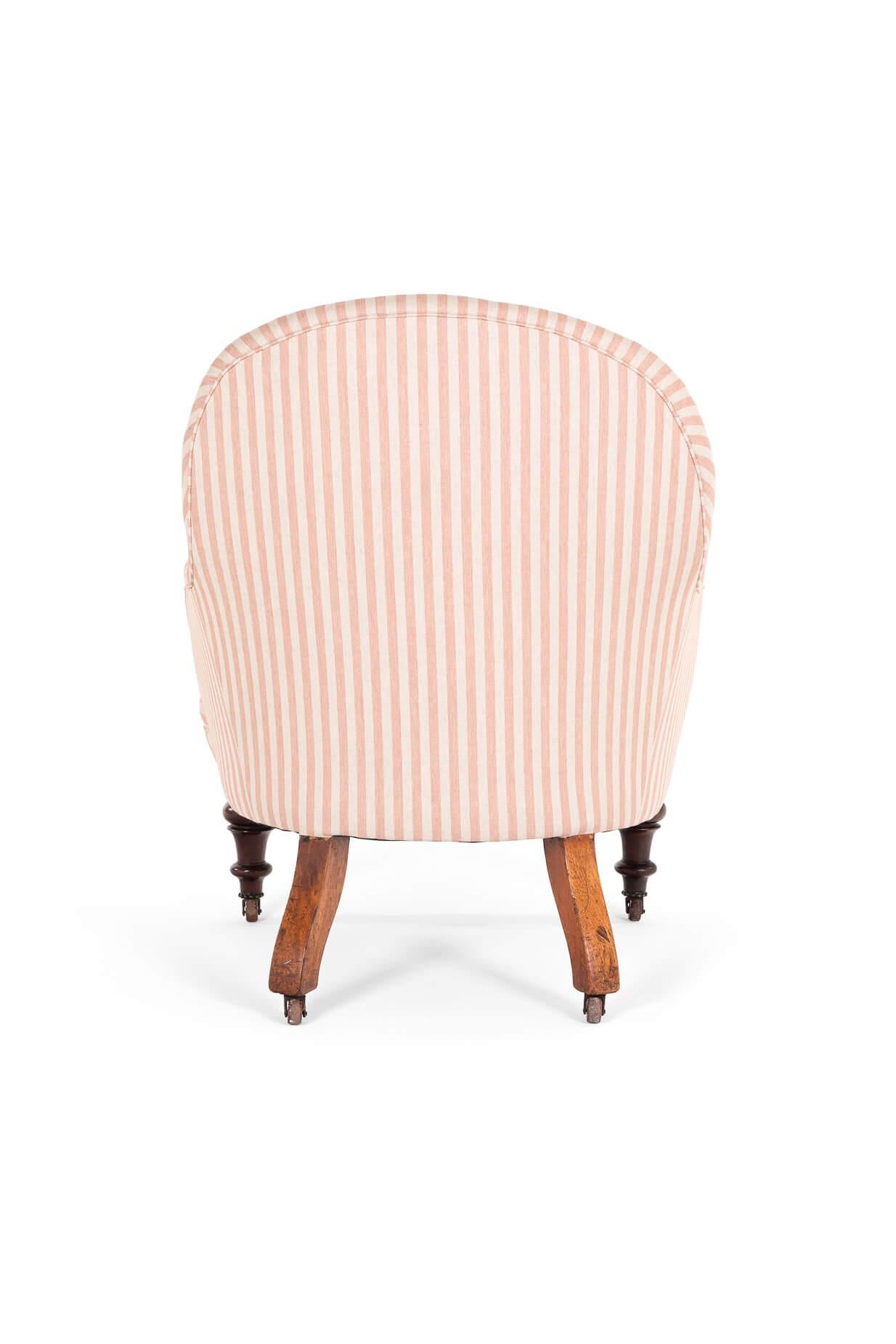 Hand-Crafted Victorian Pink Stripe Button Back Armchair For Sale