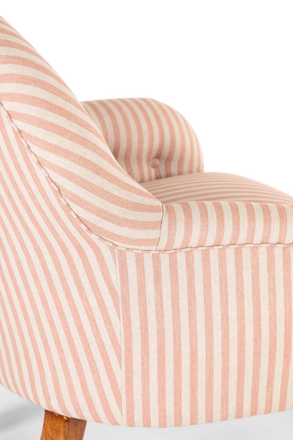 Late 19th Century Victorian Pink Stripe Button Back Armchair For Sale