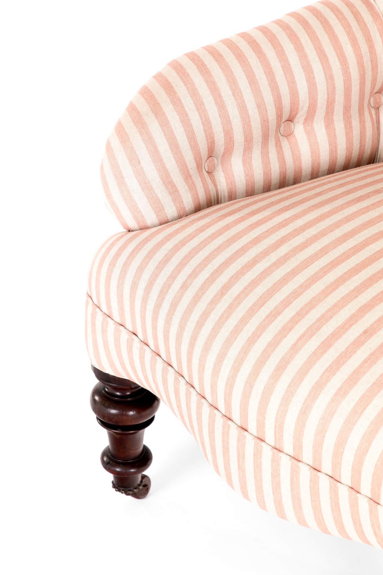 Brass Victorian Pink Stripe Button Back Armchair For Sale