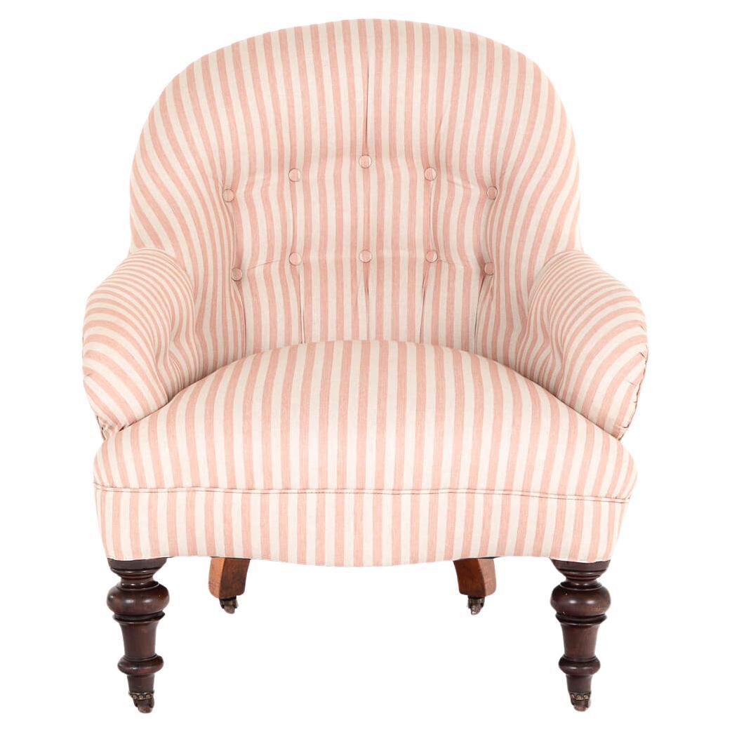 Victorian Pink Stripe Button Back Armchair For Sale