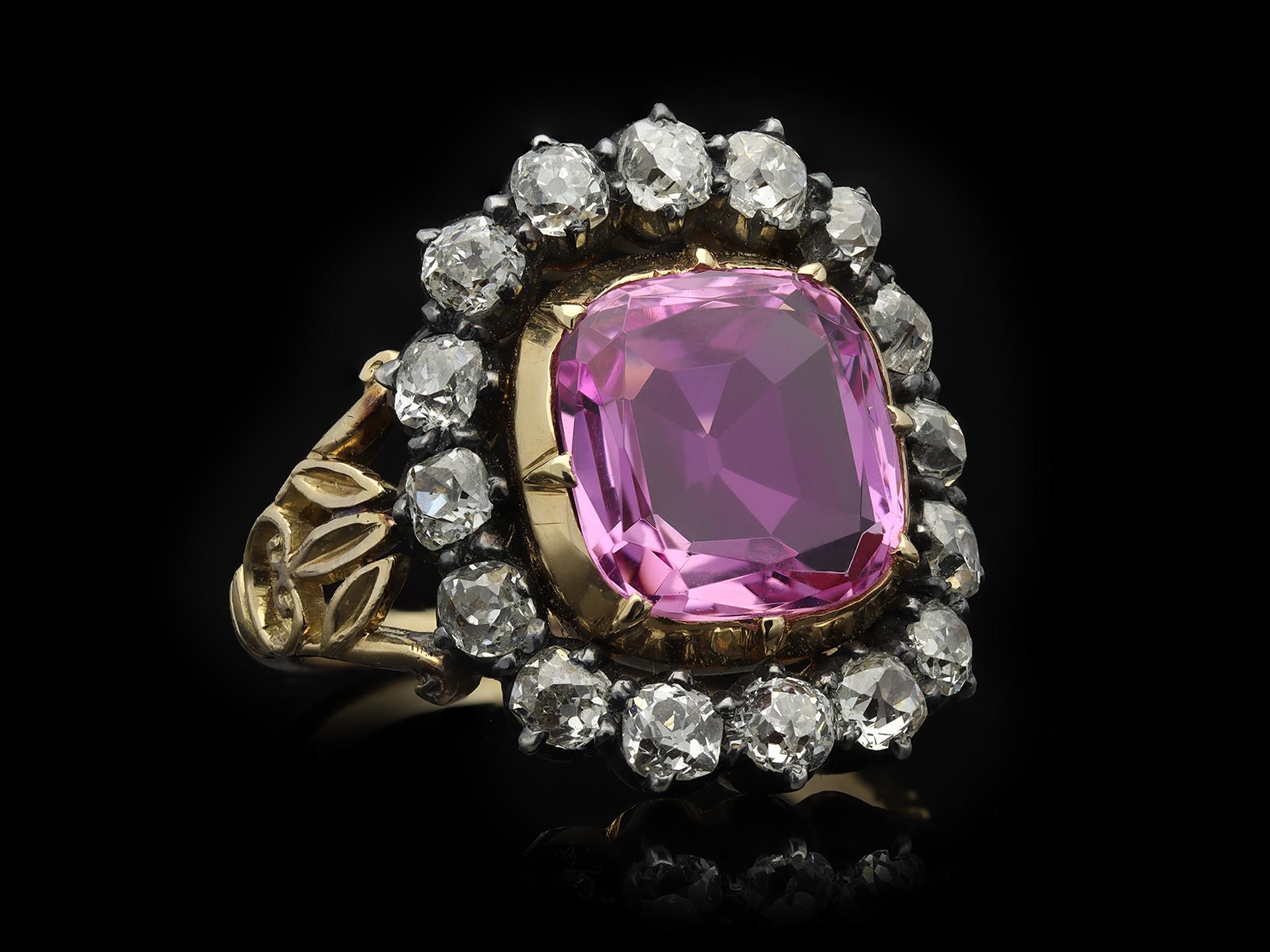 Antique Cushion Cut Victorian Pink Topaz and Diamond Cluster Ring, English, Circa 1840 For Sale