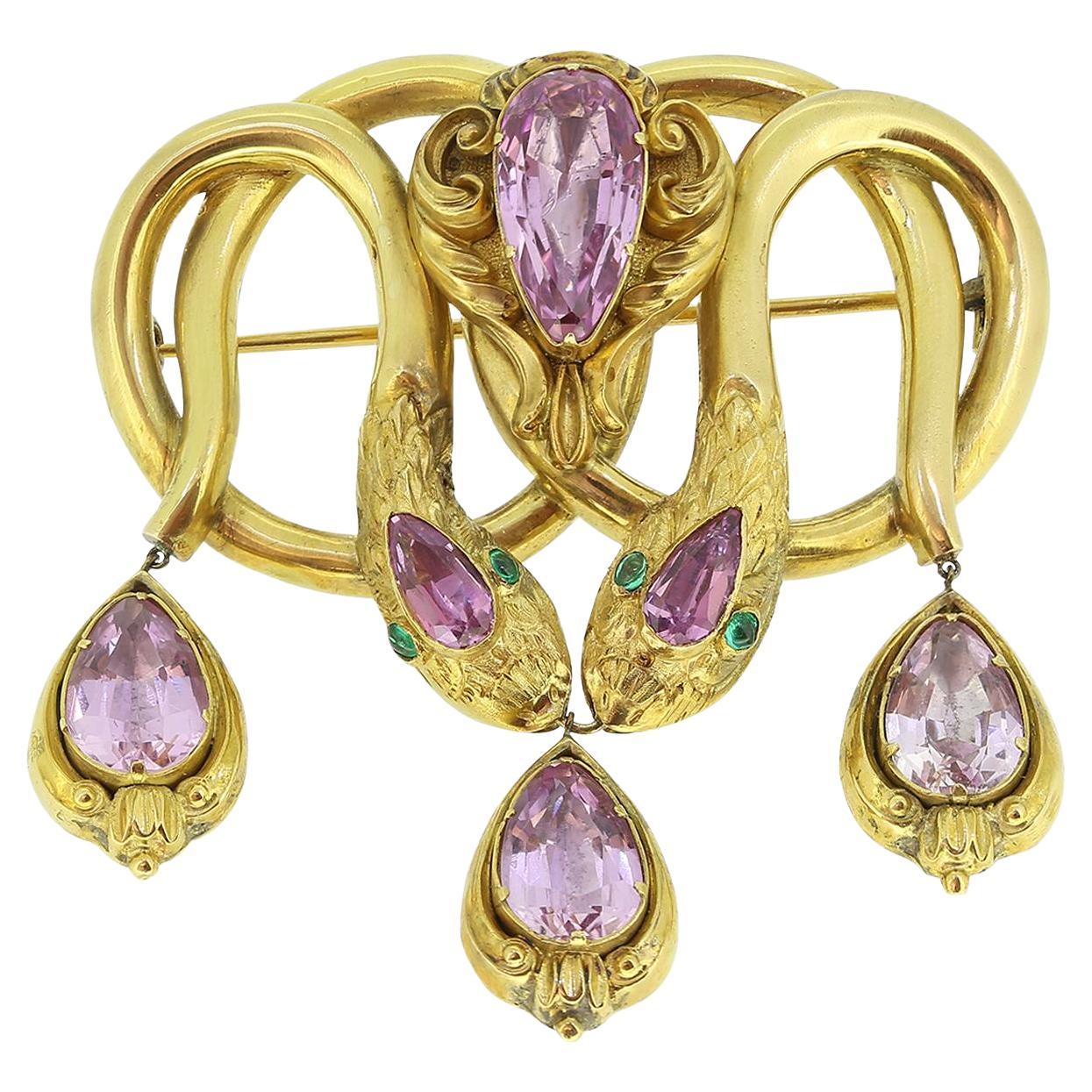 Victorian Pink Topaz and Emerald Double Snake Brooch