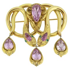 Victorian Pink Topaz and Emerald Double Snake Brooch