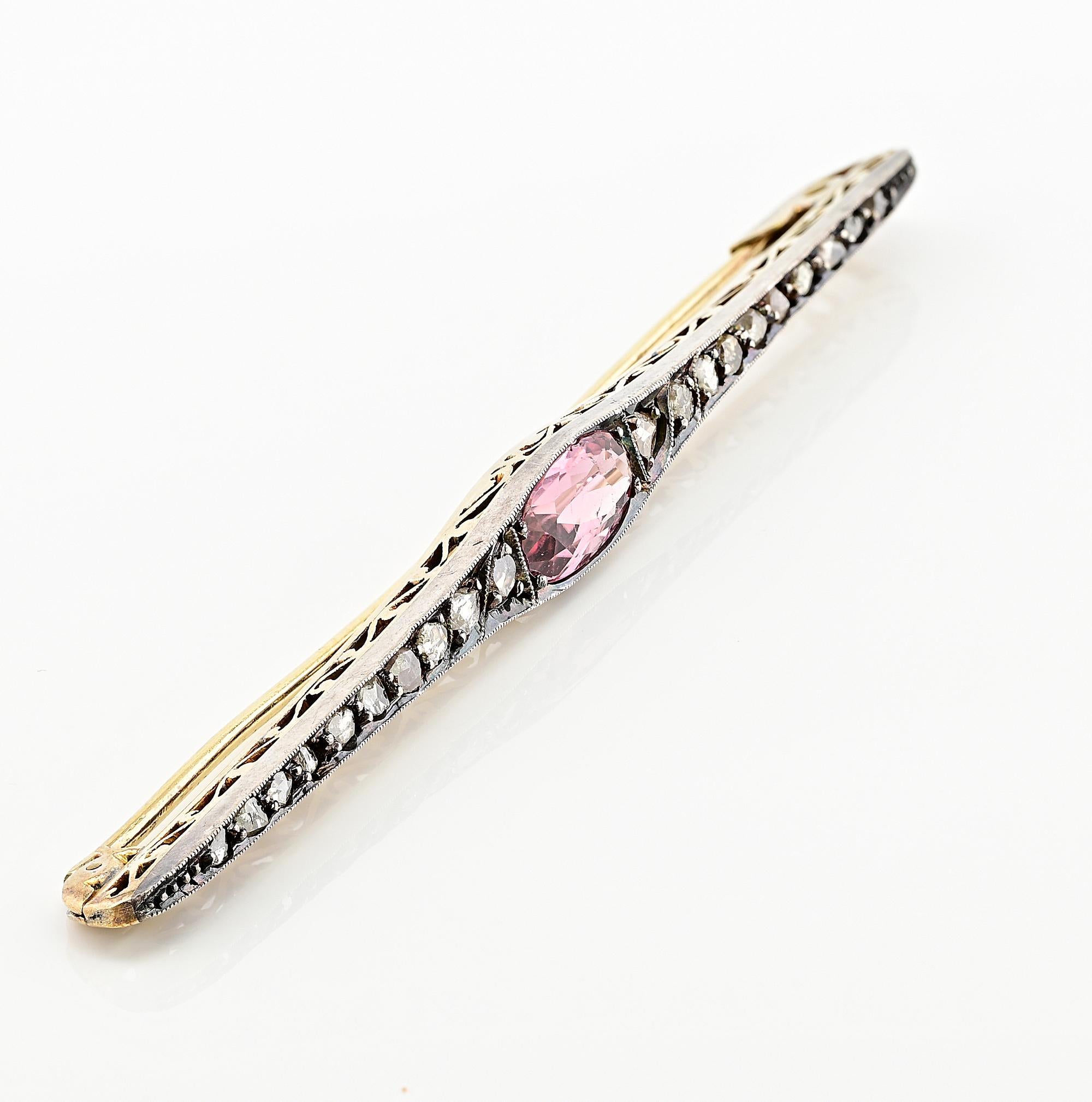 Women's or Men's Victorian Pink Topaz Rose Cut Diamond Bar Brooch For Sale