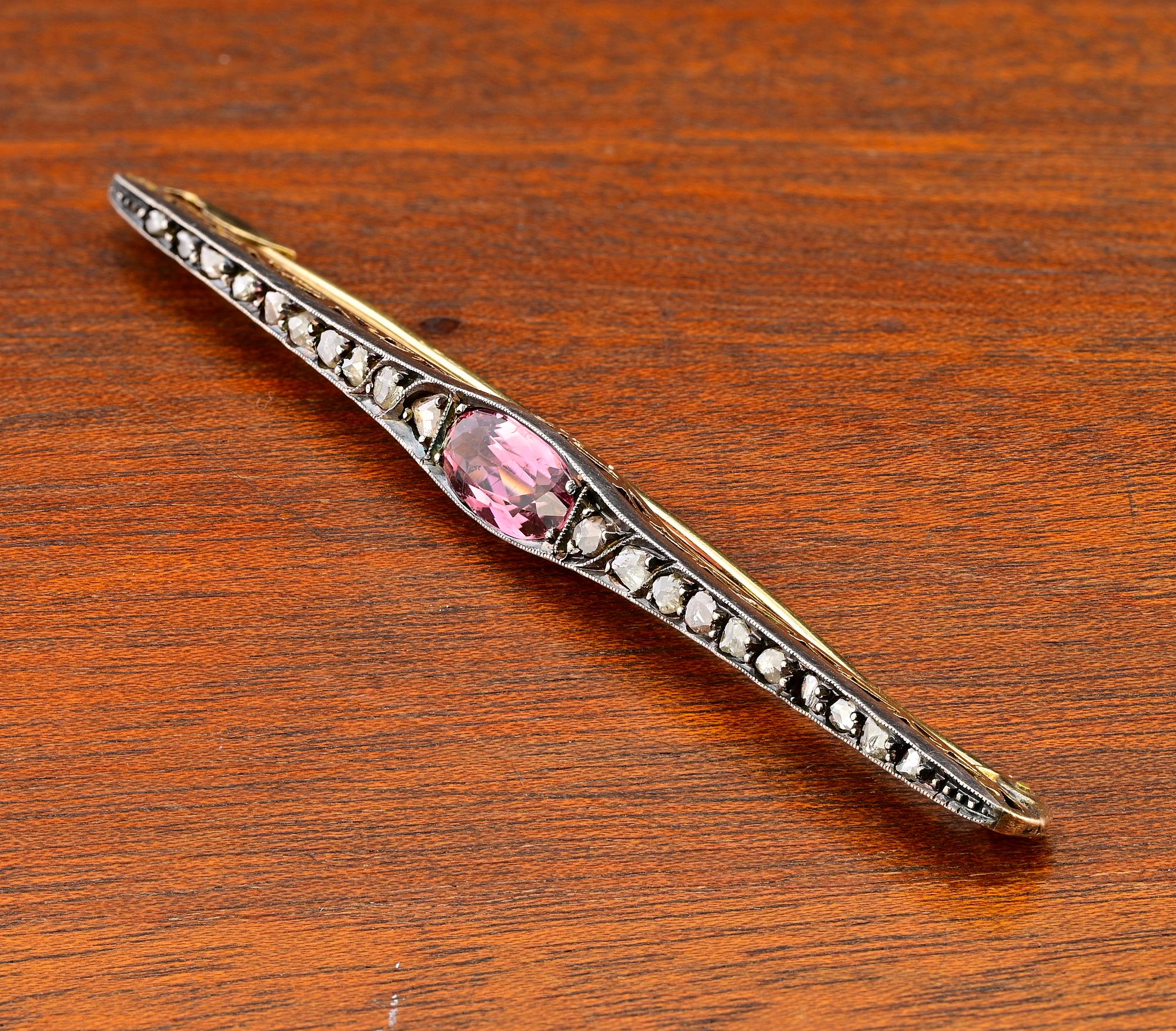Victorian Pink Topaz Rose Cut Diamond Bar Brooch For Sale 1