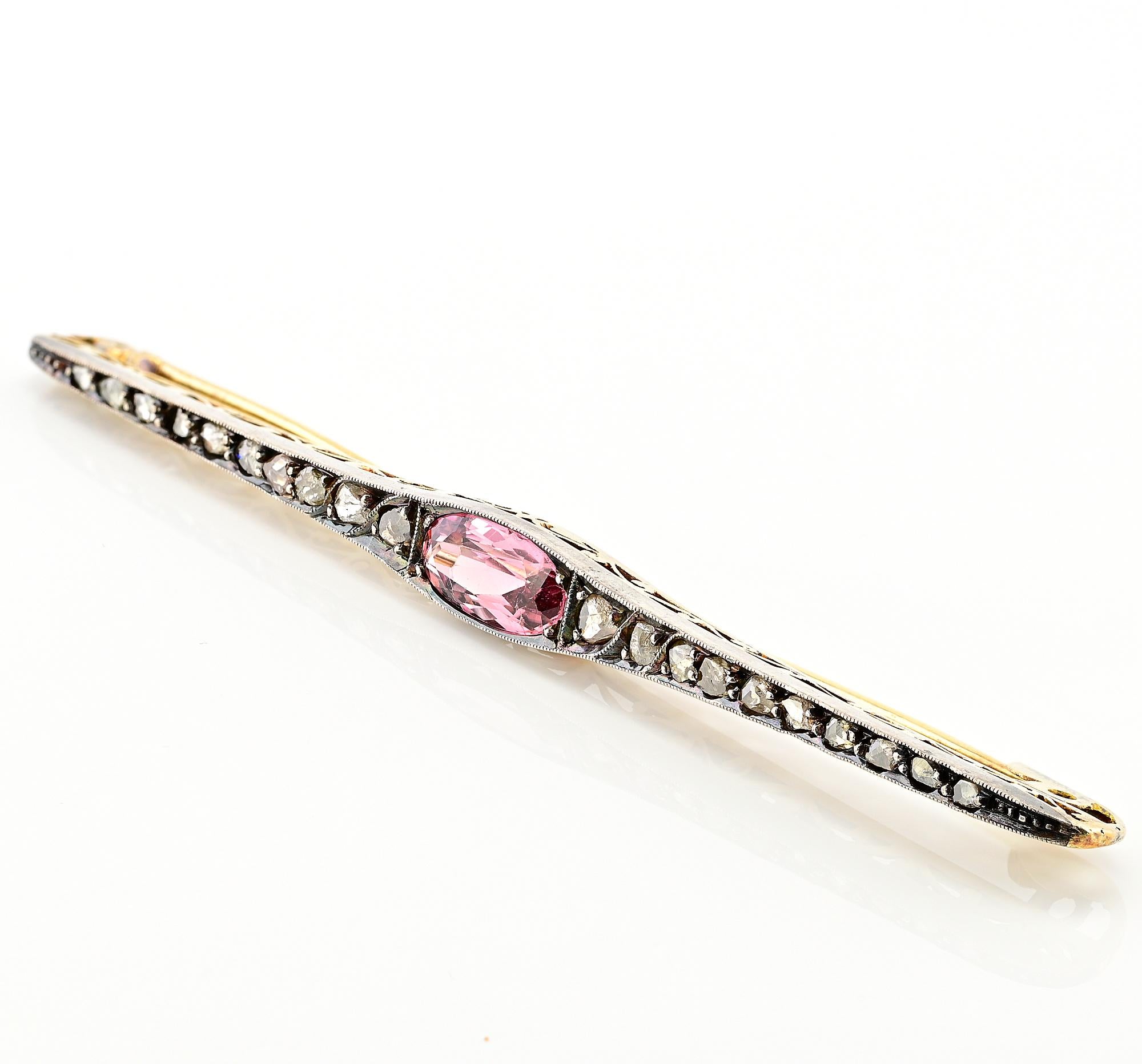 Victorian Pink Topaz Rose Cut Diamond Bar Brooch For Sale 2