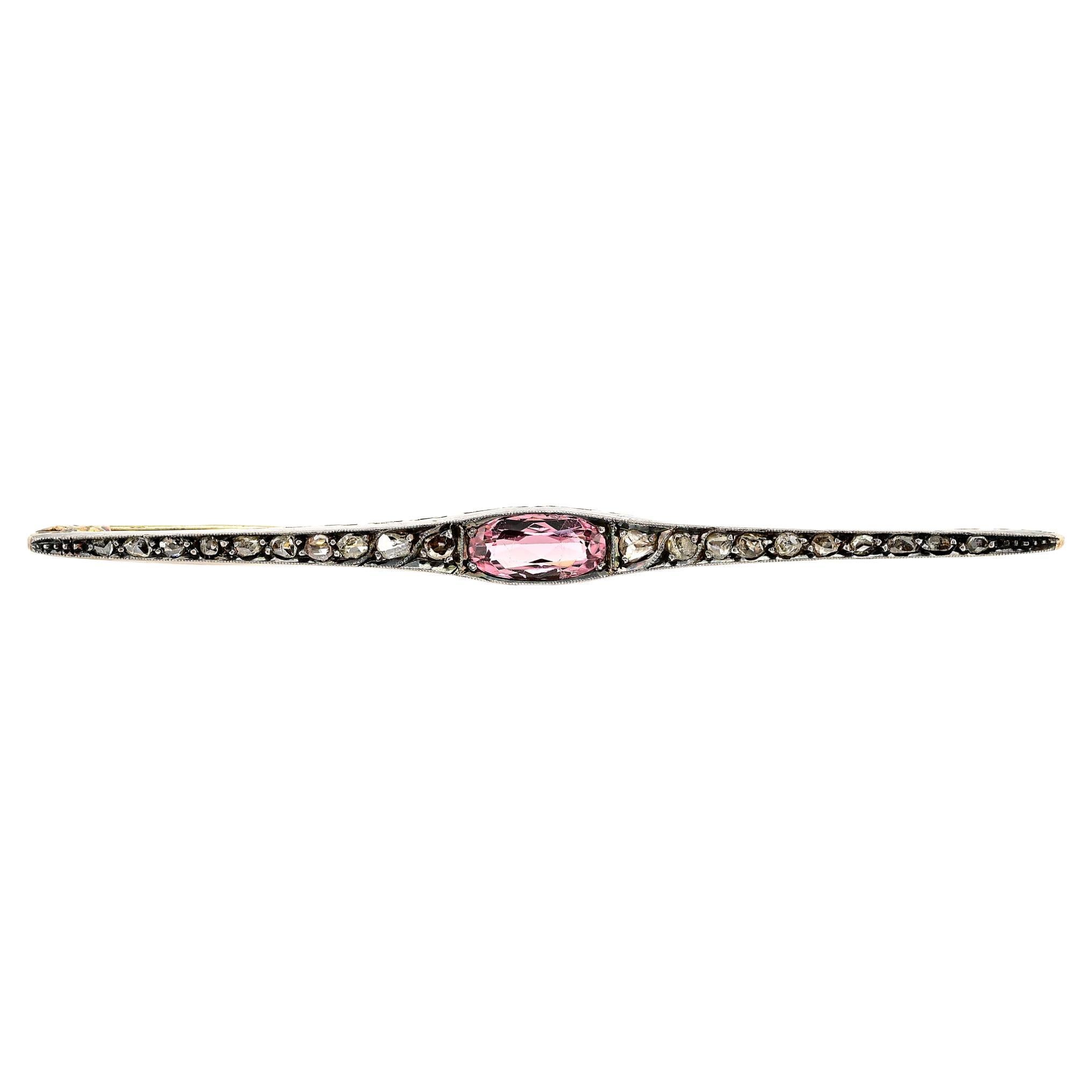 Victorian Pink Topaz Rose Cut Diamond Bar Brooch For Sale
