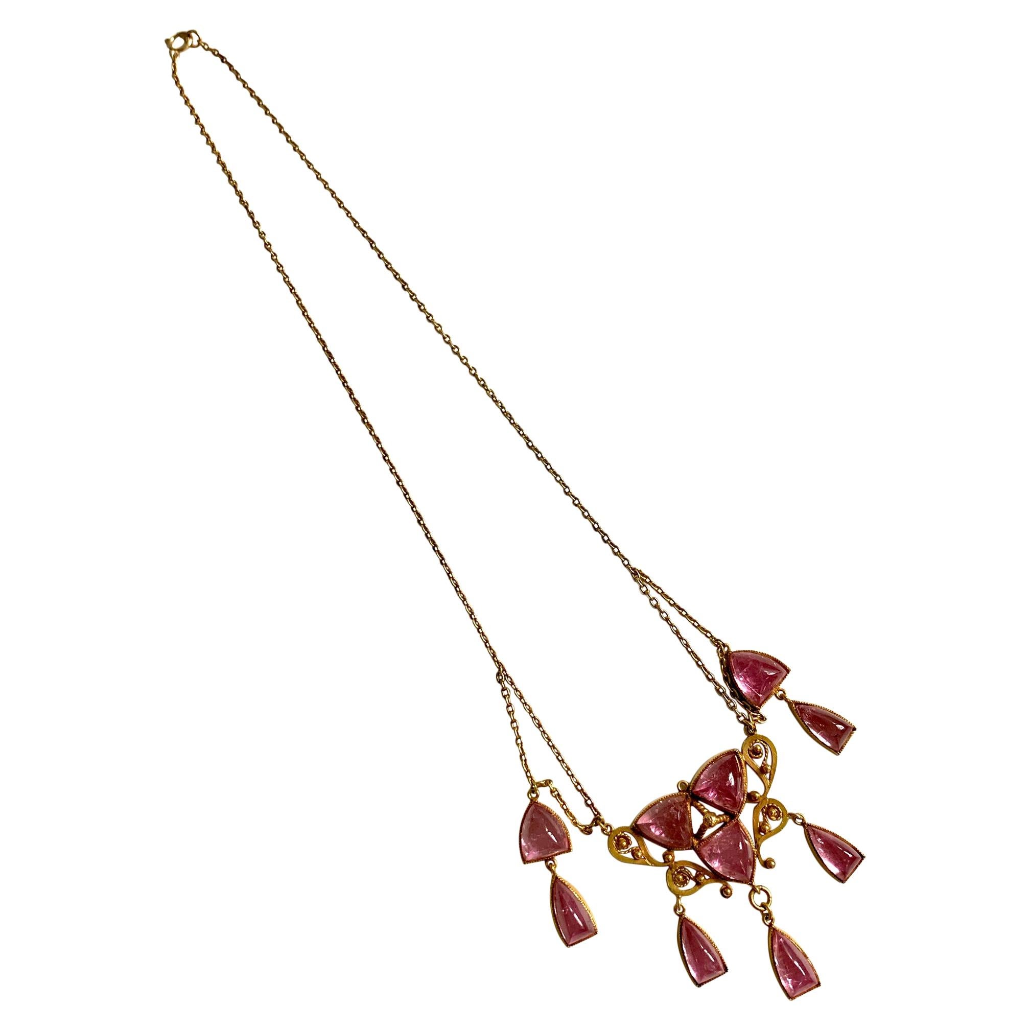 Victorian Pink Tourmaline 14 Karat Gold Necklace For Sale