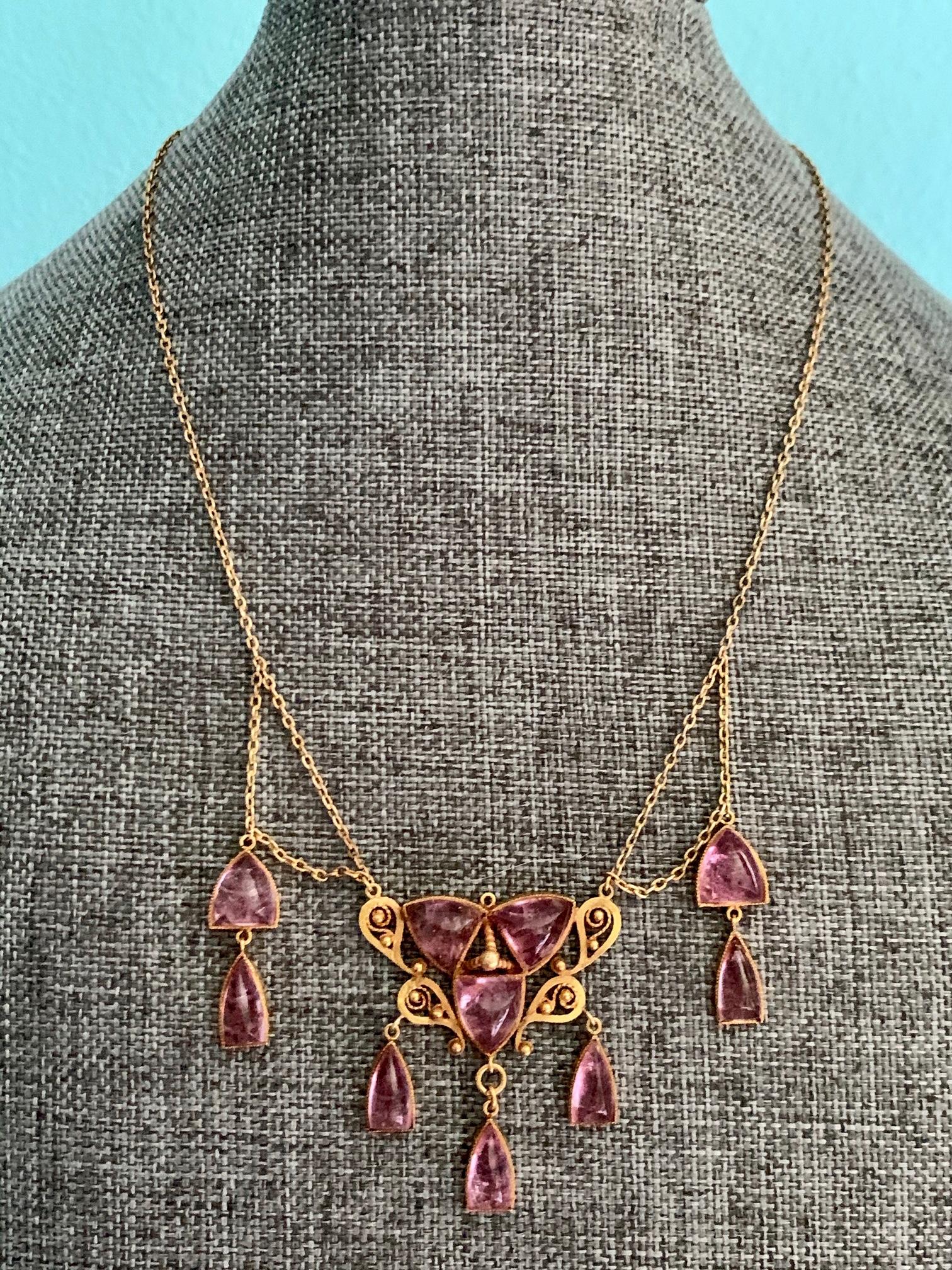 Cabochon Victorian Pink Tourmaline 14 Karat Gold Necklace For Sale