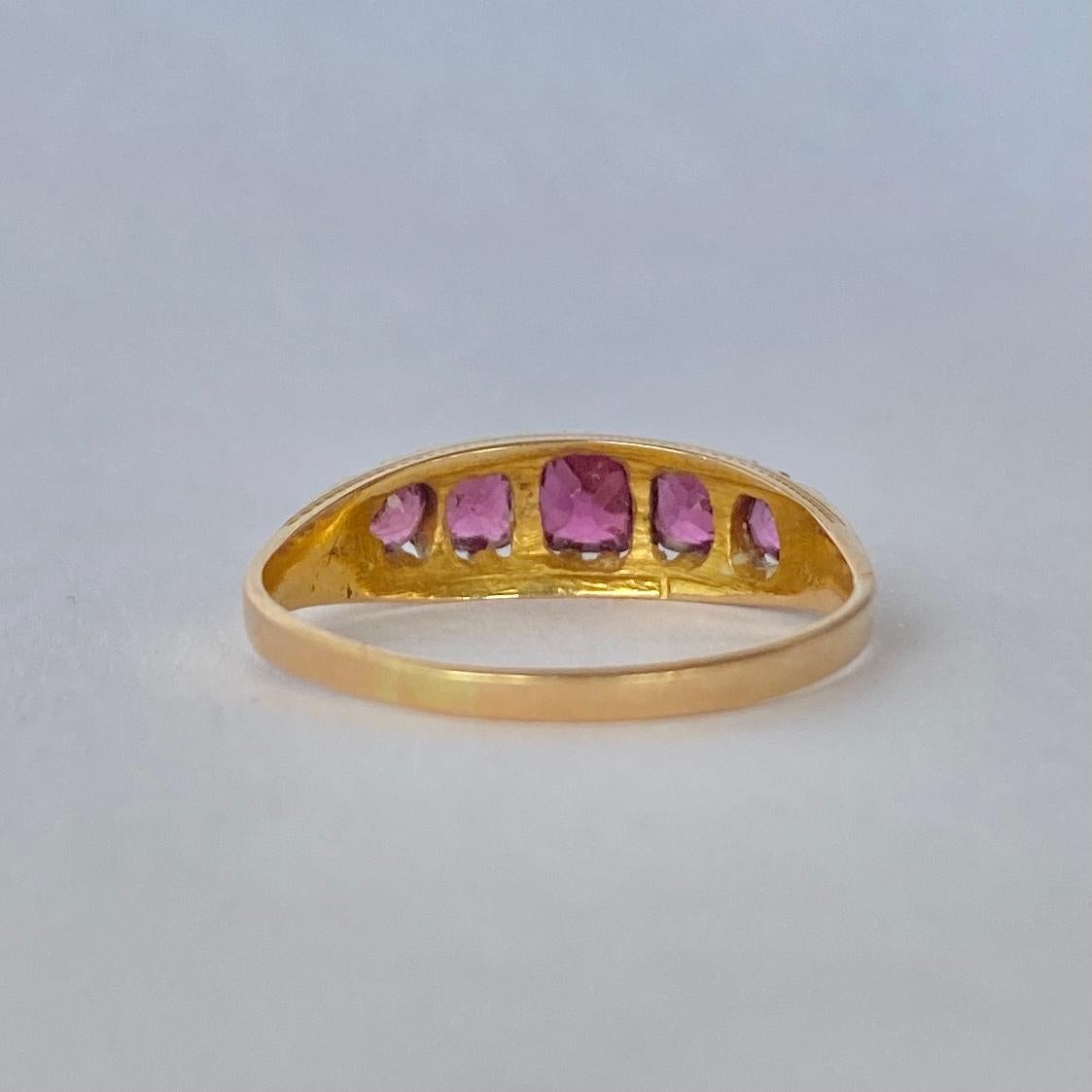 Victorian Pink Tourmaline and 15 Carat Gold Five-Stone Ring In Good Condition In Chipping Campden, GB