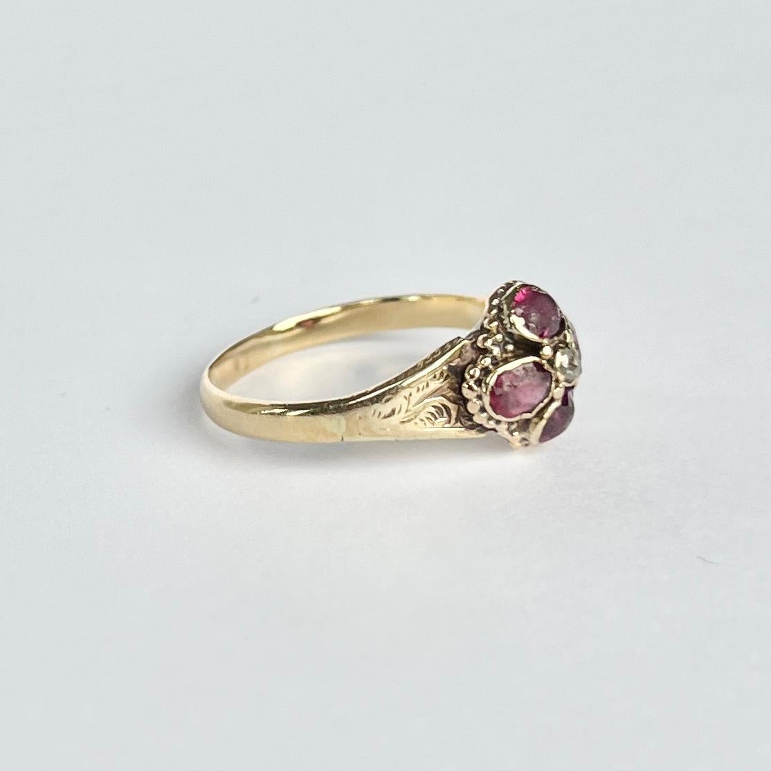 Victorian Pink Tourmaline and Rose Cut Diamond 15 Carat Gold Five-Stone Ring For Sale 1