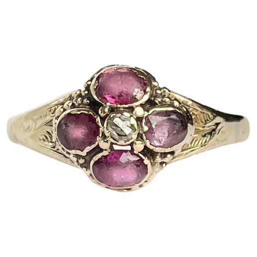 Viktorianischer Ring mit rosa Turmalin und Diamant im Rosenschliff aus 15 Karat Gold mit fünf Steinen