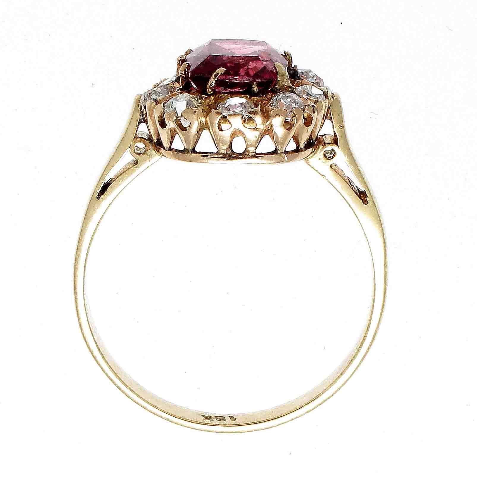 Victorian Pink Tourmaline Diamond Gold Cluster Ring In Excellent Condition In Beverly Hills, CA