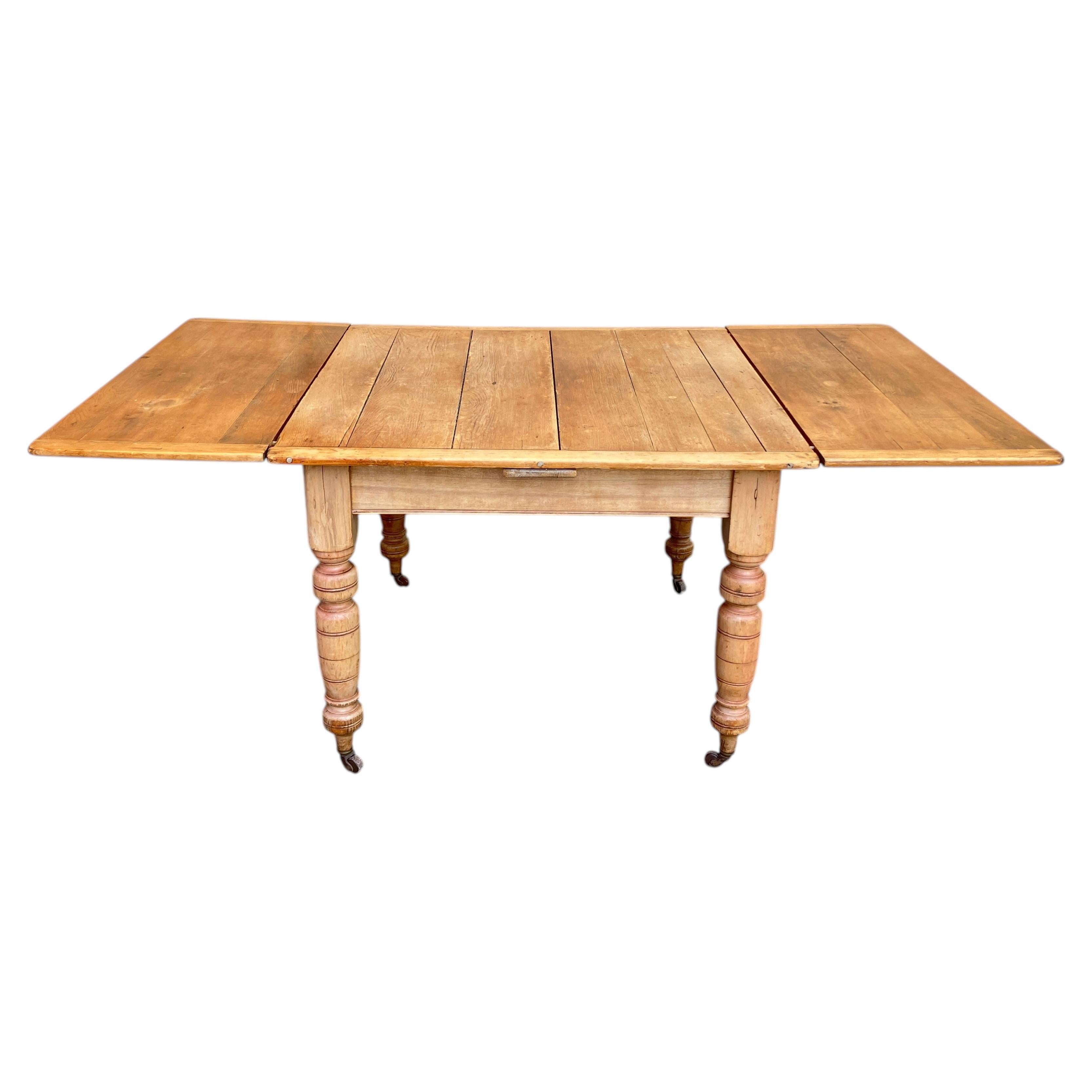 Victorian Pitch Pine Extending Farmhouse Dining Table on Castors For Sale