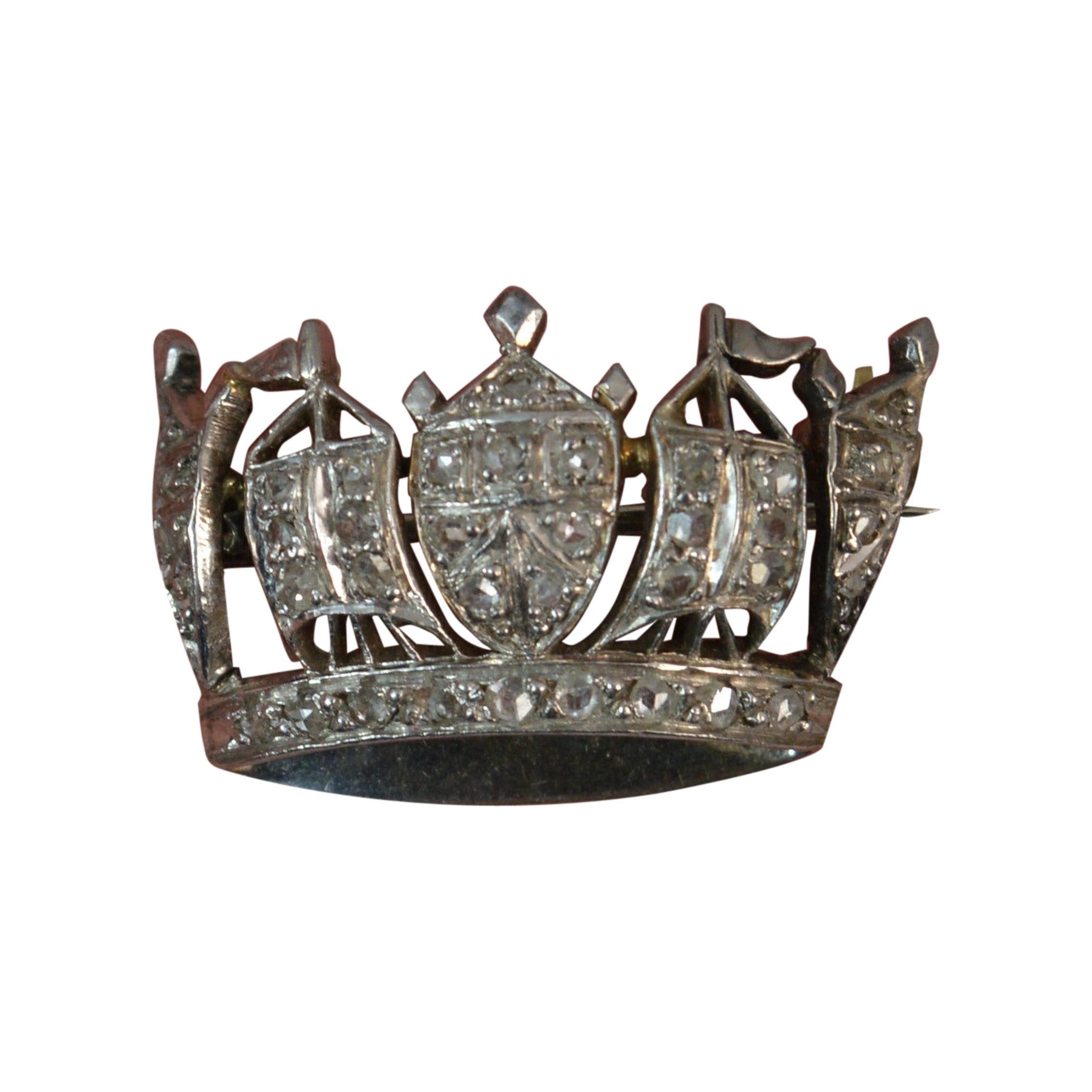 Victorian Platinum and Natural Diamond Crown Shape Brooch