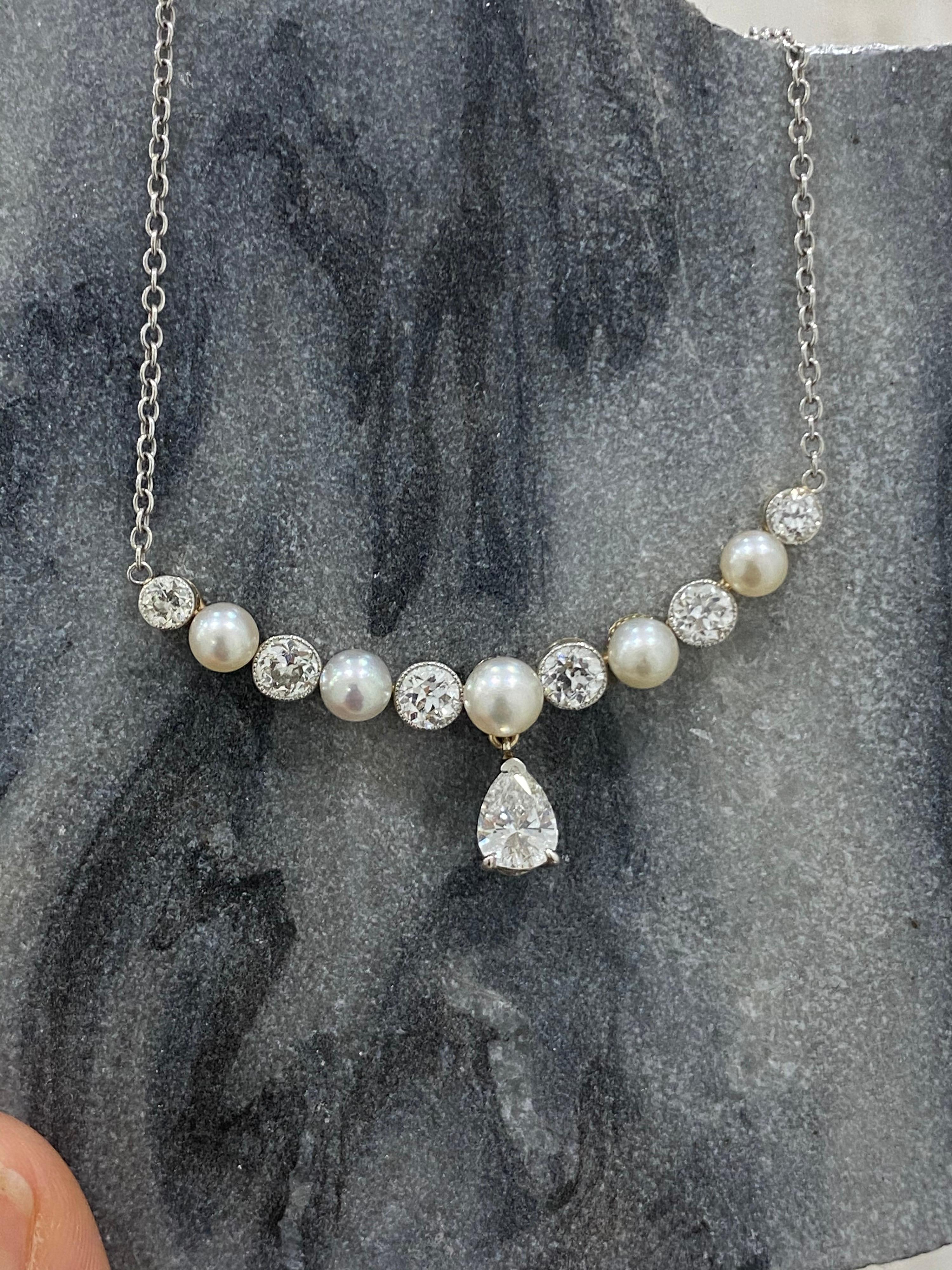 Mixed Cut Victorian Platinum/ Gold Pearl Old Mine Diamond Necklace For Sale