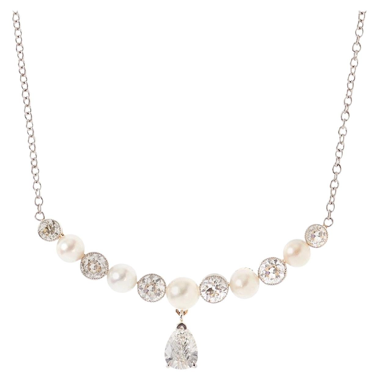 Victorian Platinum/ Gold Pearl Old Mine Diamond Necklace For Sale