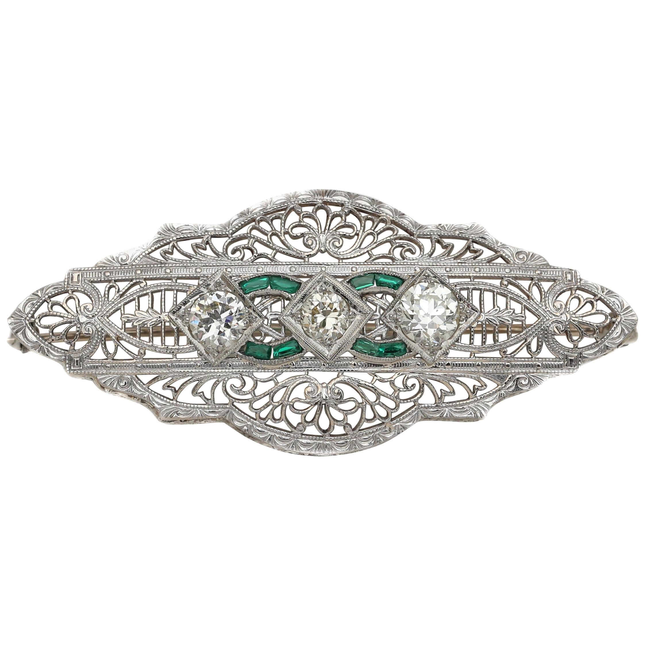 Victorian Platinum Old European Cut Diamond French Cut Emerald Filigree Brooch