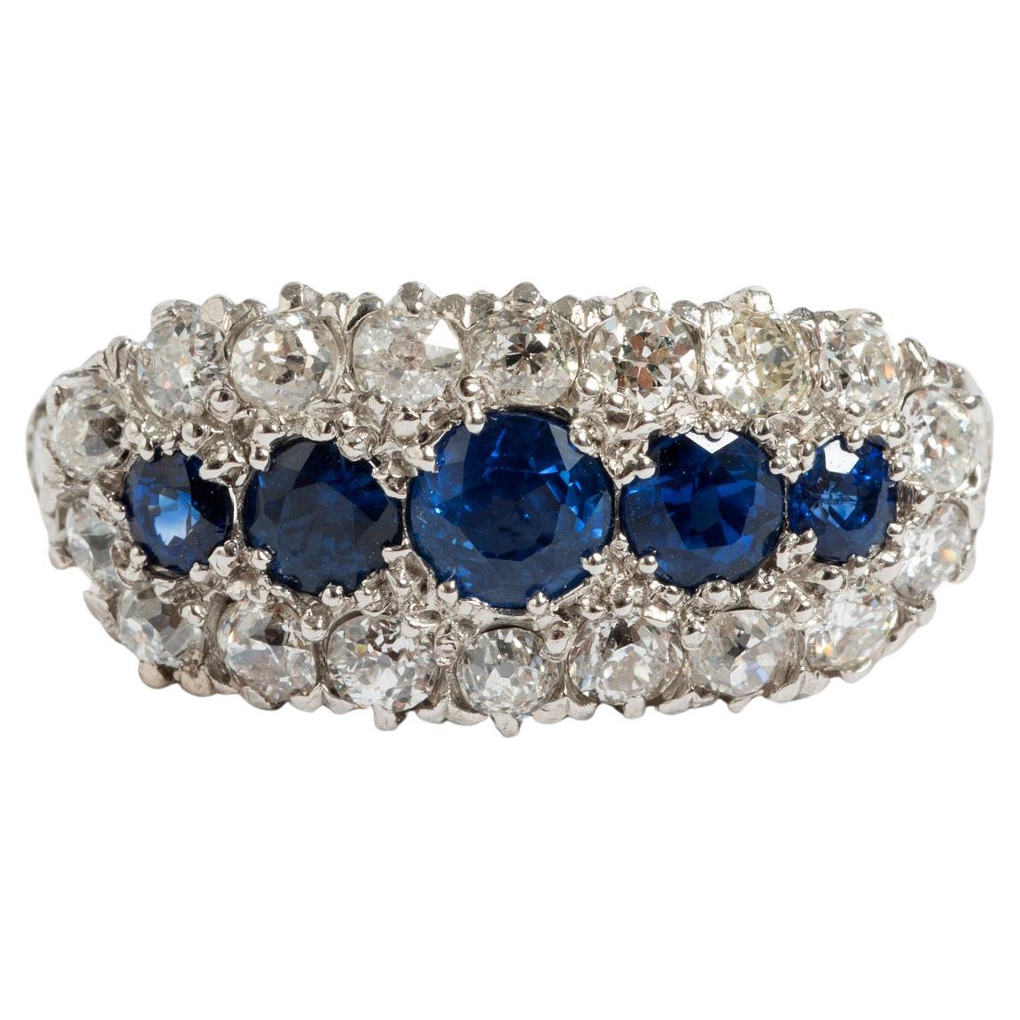 Victorian Platinum & Sapphire Diamond Ring, 18K Yellow Gold. 1890's. For Sale