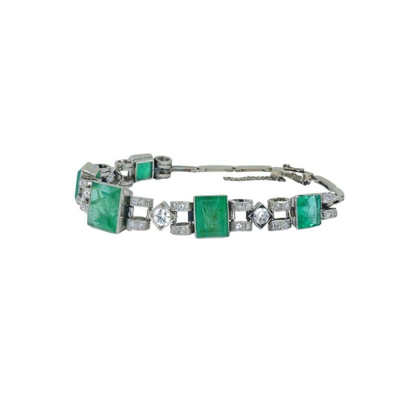 Old European Cut Victorian 18k White Gold Emerald Diamond Bracelet For Sale
