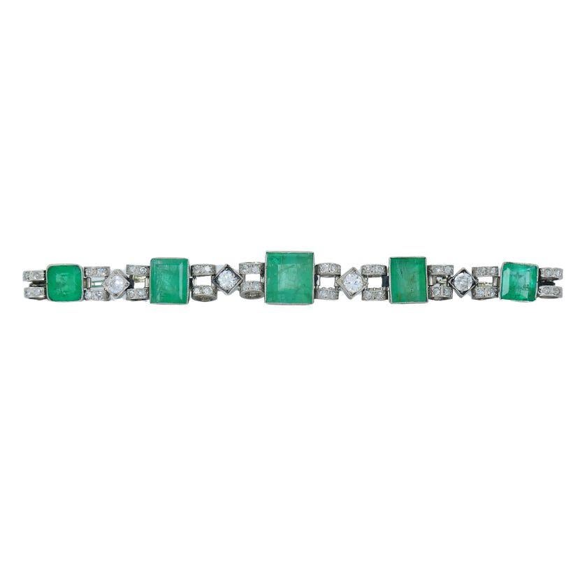 Victorian 18k White Gold Emerald Diamond Bracelet In Good Condition For Sale In Beverly Hills, CA