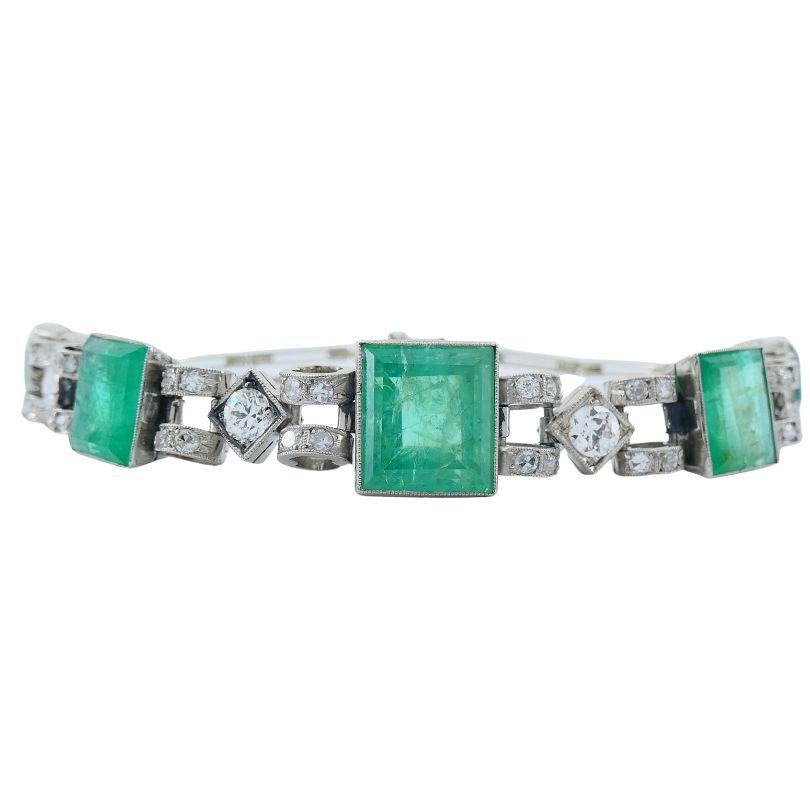 Women's Victorian 18k White Gold Emerald Diamond Bracelet For Sale