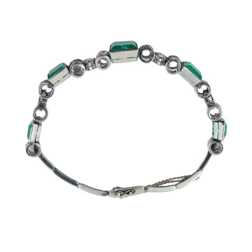 Victorian 18k White Gold Emerald Diamond Bracelet For Sale 1