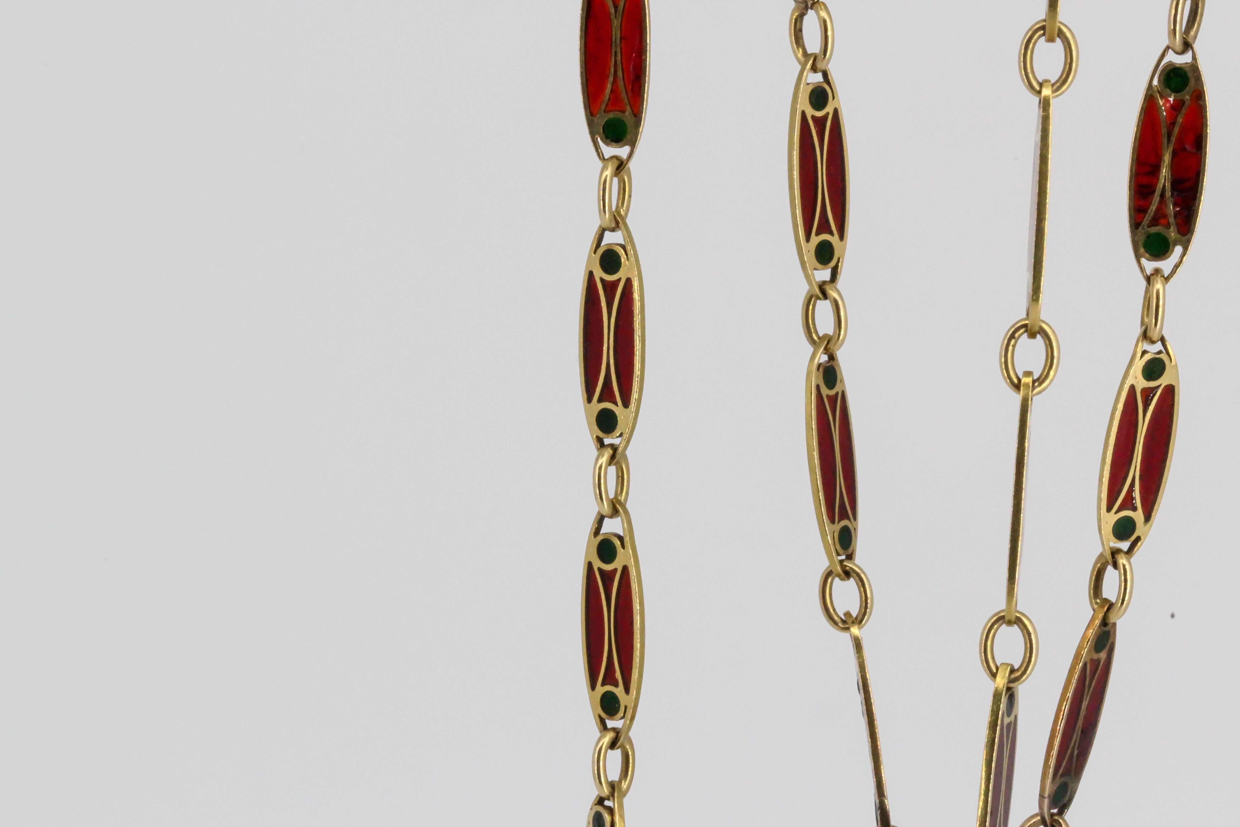 Victorian Plique-à-Jour Enamel and Gold Long Link Chain Necklace In Good Condition In New York, NY