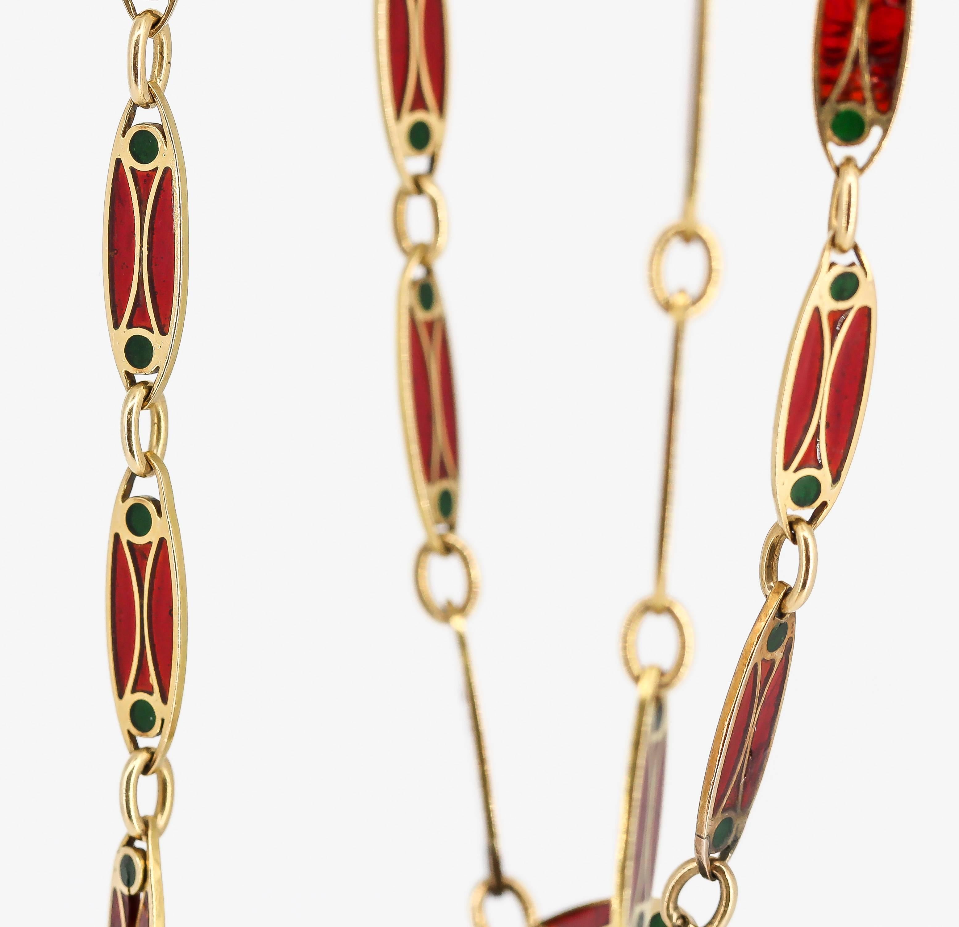 Women's Victorian Plique-à-Jour Enamel and Gold Long Link Chain Necklace