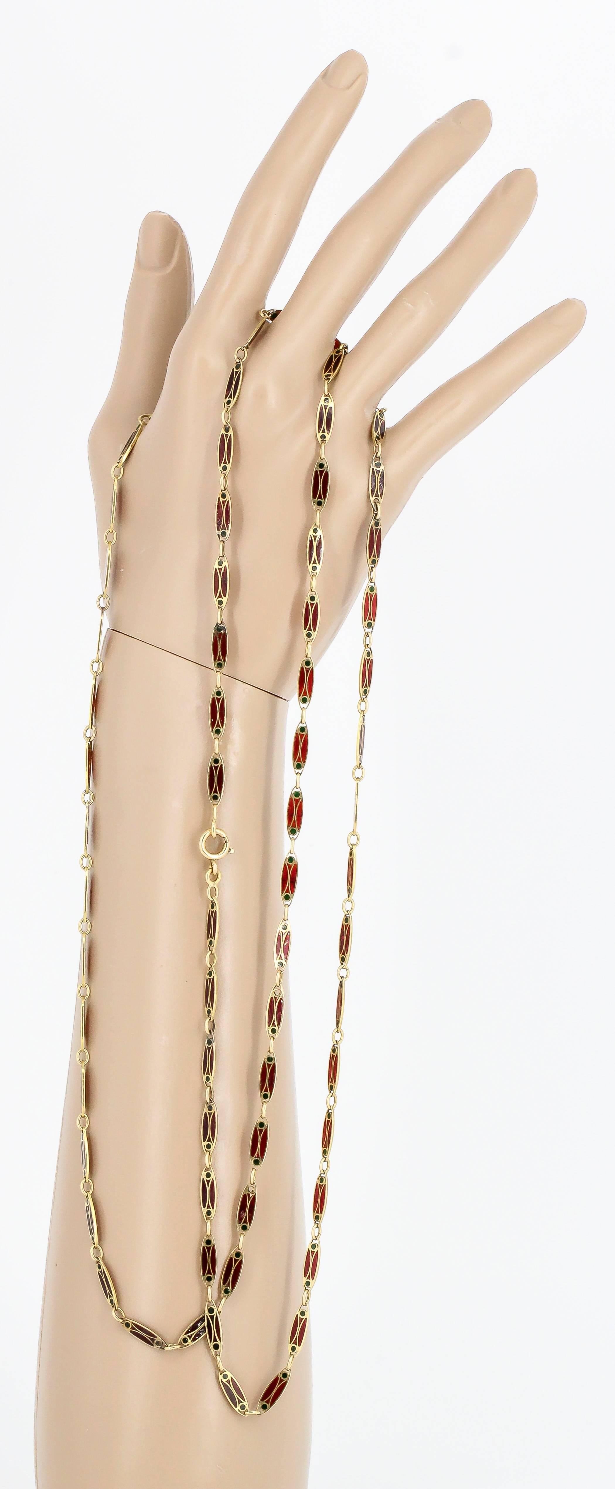 Victorian Plique-à-Jour Enamel and Gold Long Link Chain Necklace 2