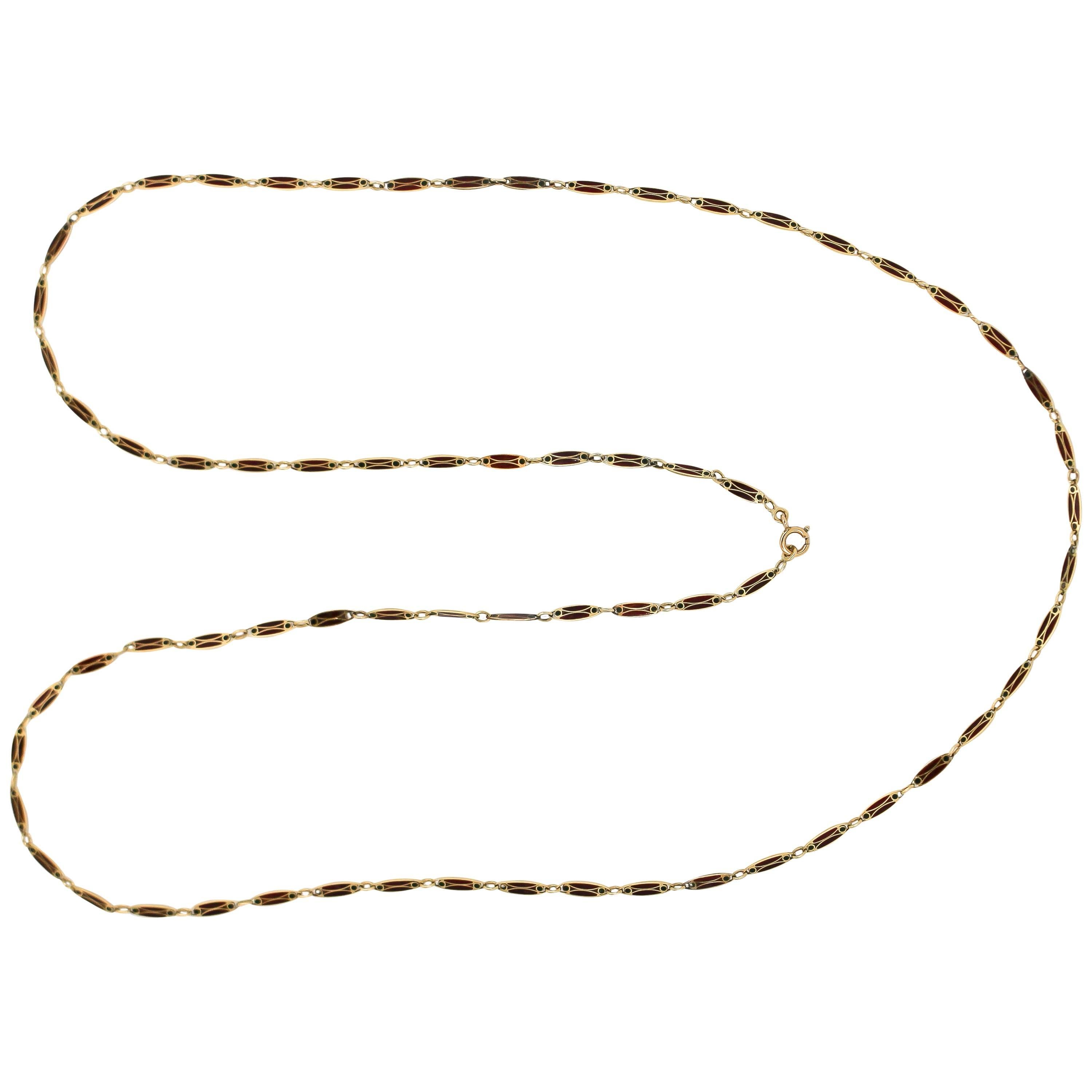 Victorian Plique-à-Jour Enamel and Gold Long Link Chain Necklace