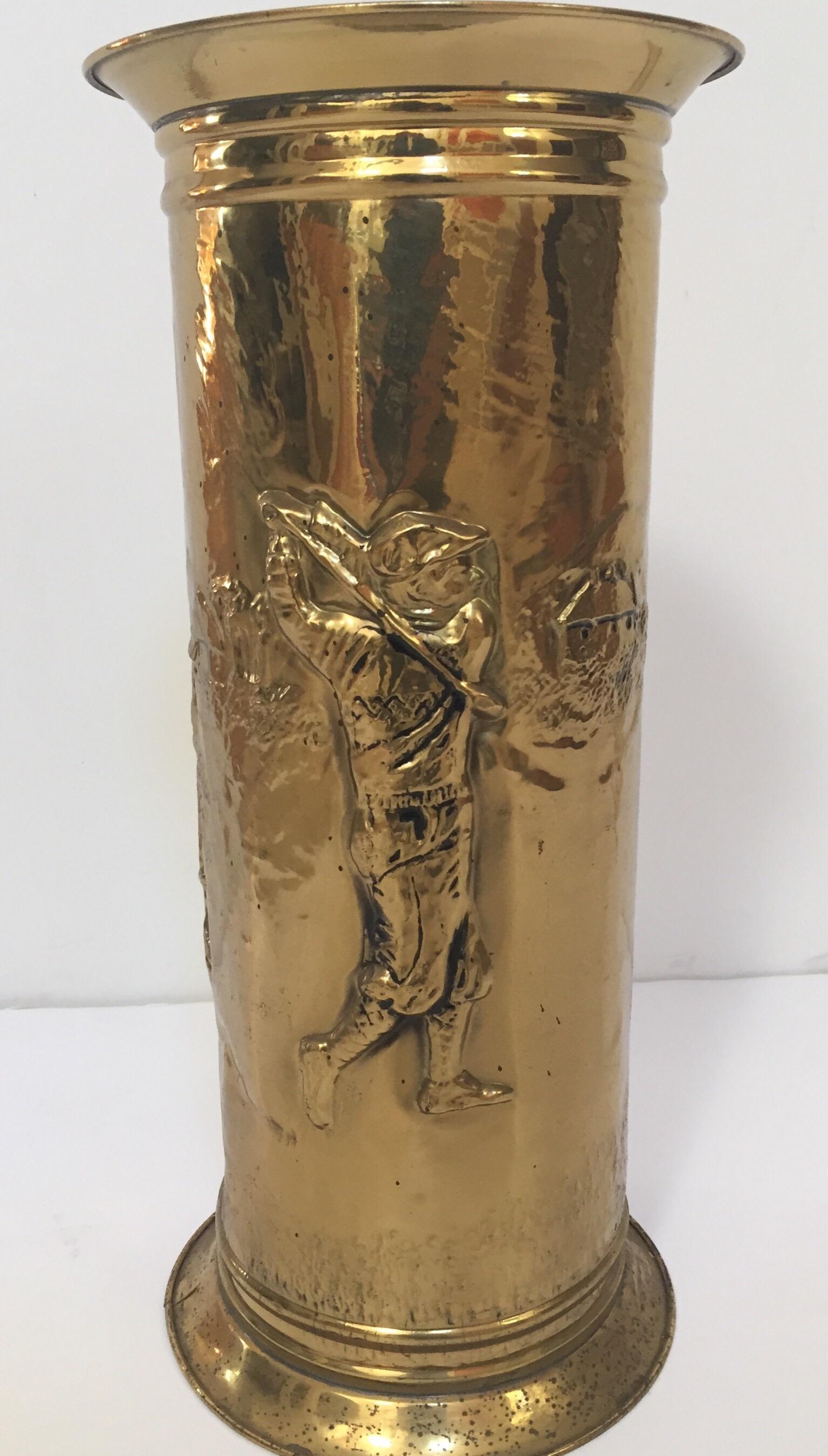 Victorian style umbrella stand in brass polished to hold either walking sticks or umbrellas.
Brass valet rack with a cylinder form, handcrafted in Birmingham England by English craftsmen.
Figure of a man golfing.
The brass has been lacquered to