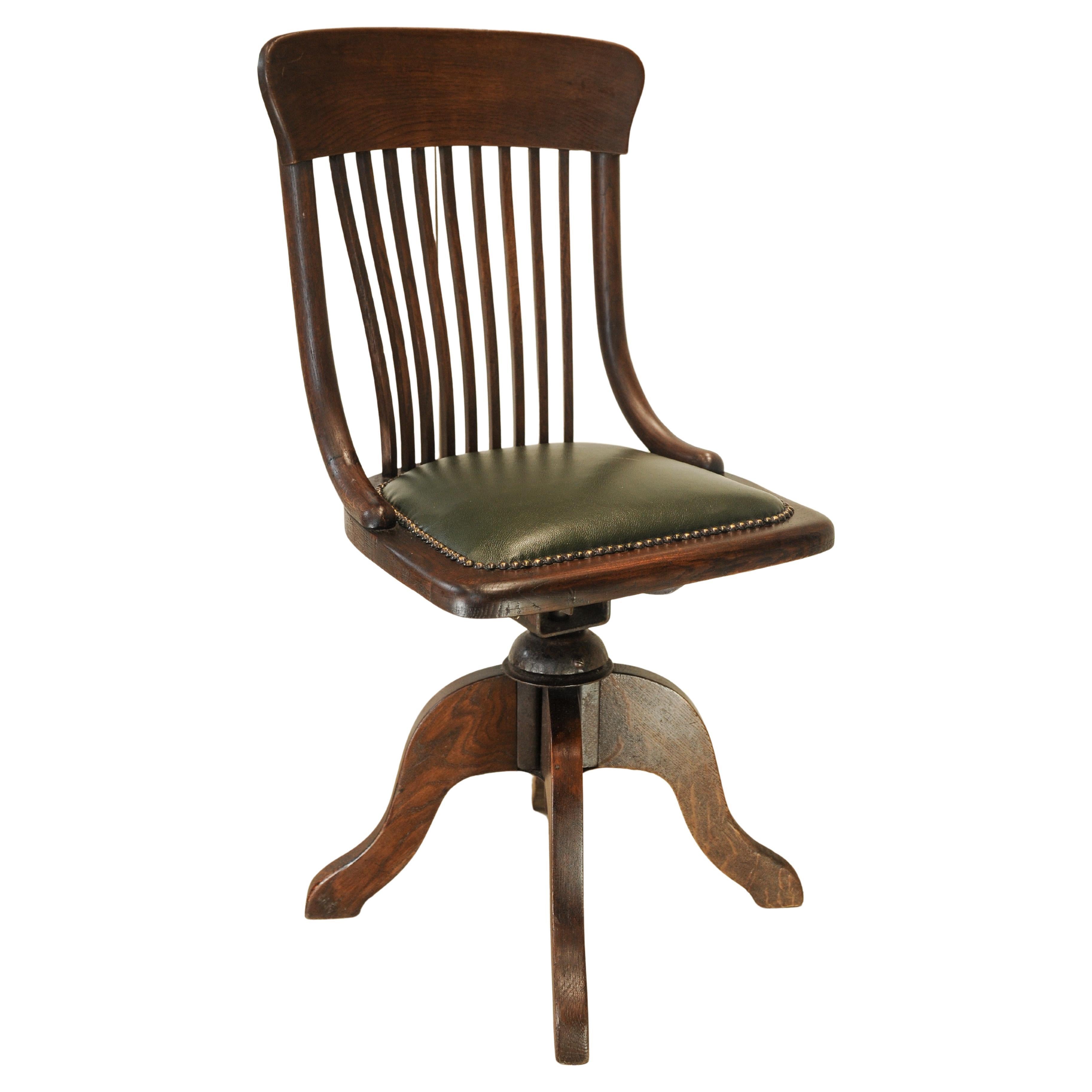 Victorian Polished Green Leather Bentwood Revolving Desk Chair With Studs