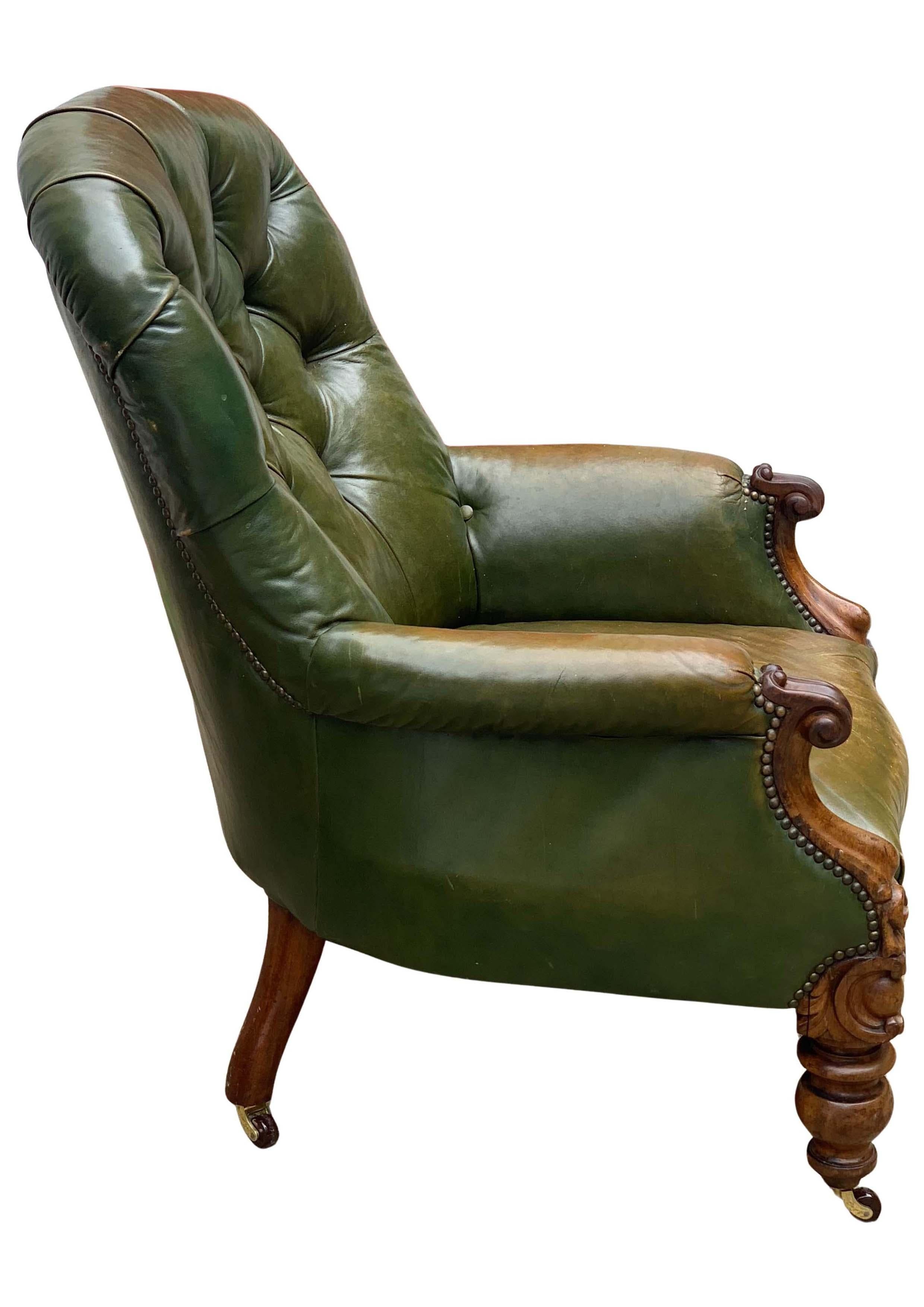 Victorian Polished Racing Green Leather Chesterfield Armchair With Brass Studs For Sale 5