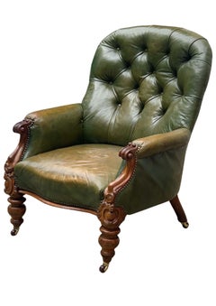 Victorian Polished Racing Green Leather Chesterfield Armchair With Brass Studs