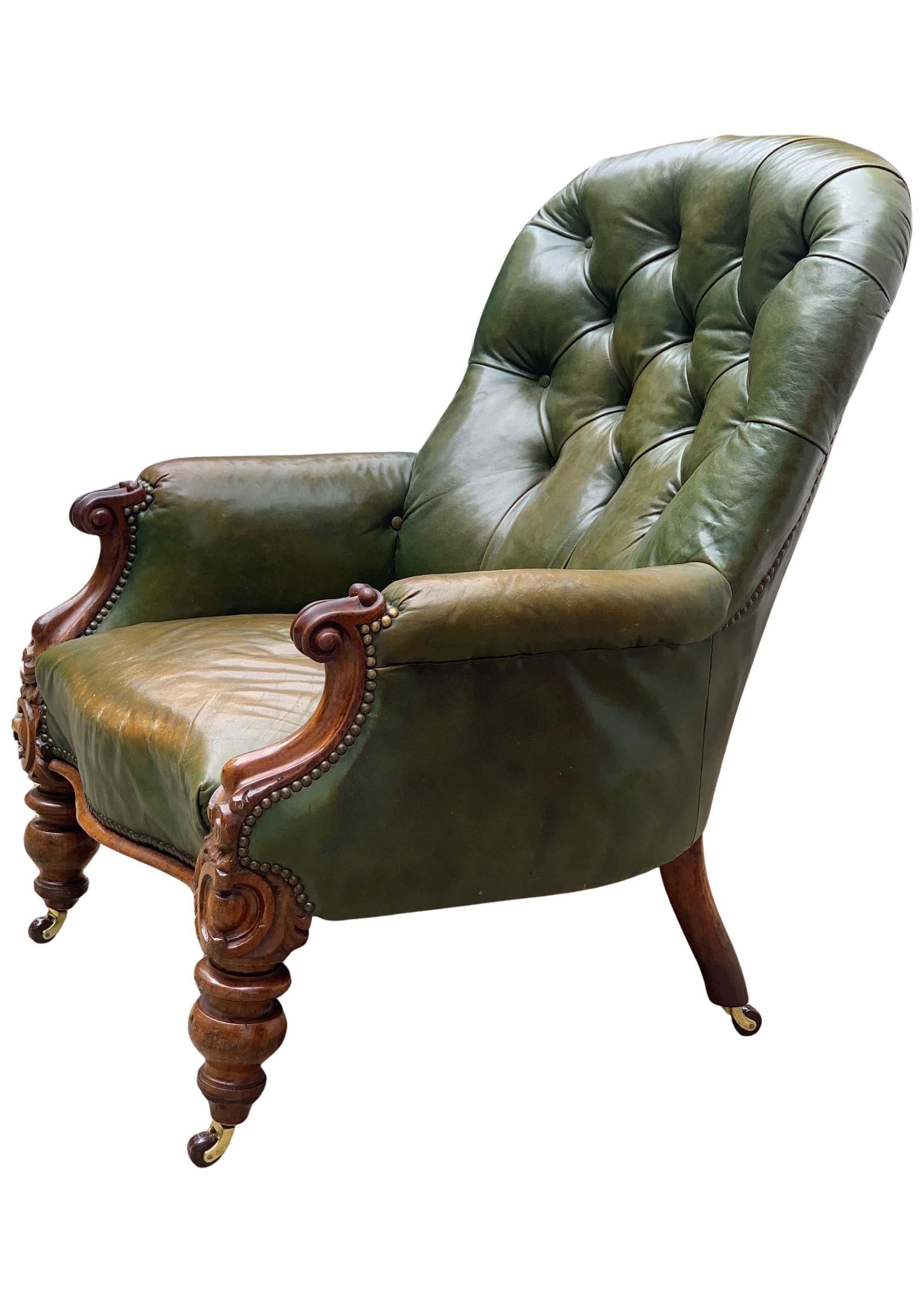 British Victorian Polished Racing Green Leather Chesterfield Armchair With Brass Studs For Sale