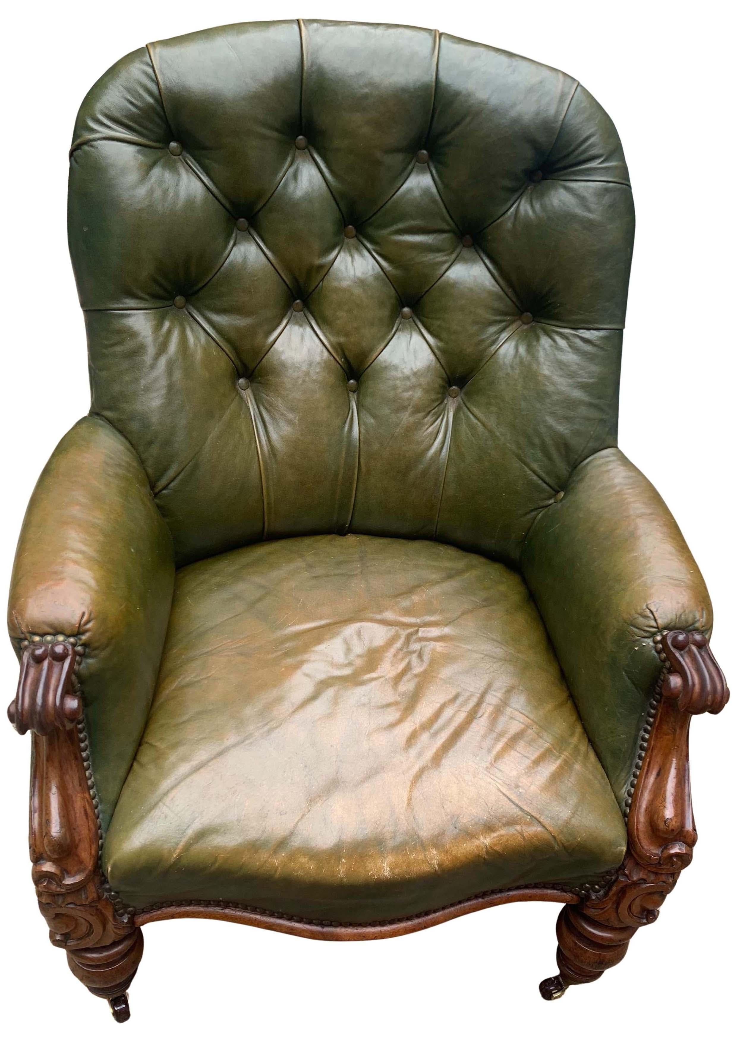 19th Century Victorian Polished Racing Green Leather Chesterfield Armchair With Brass Studs For Sale