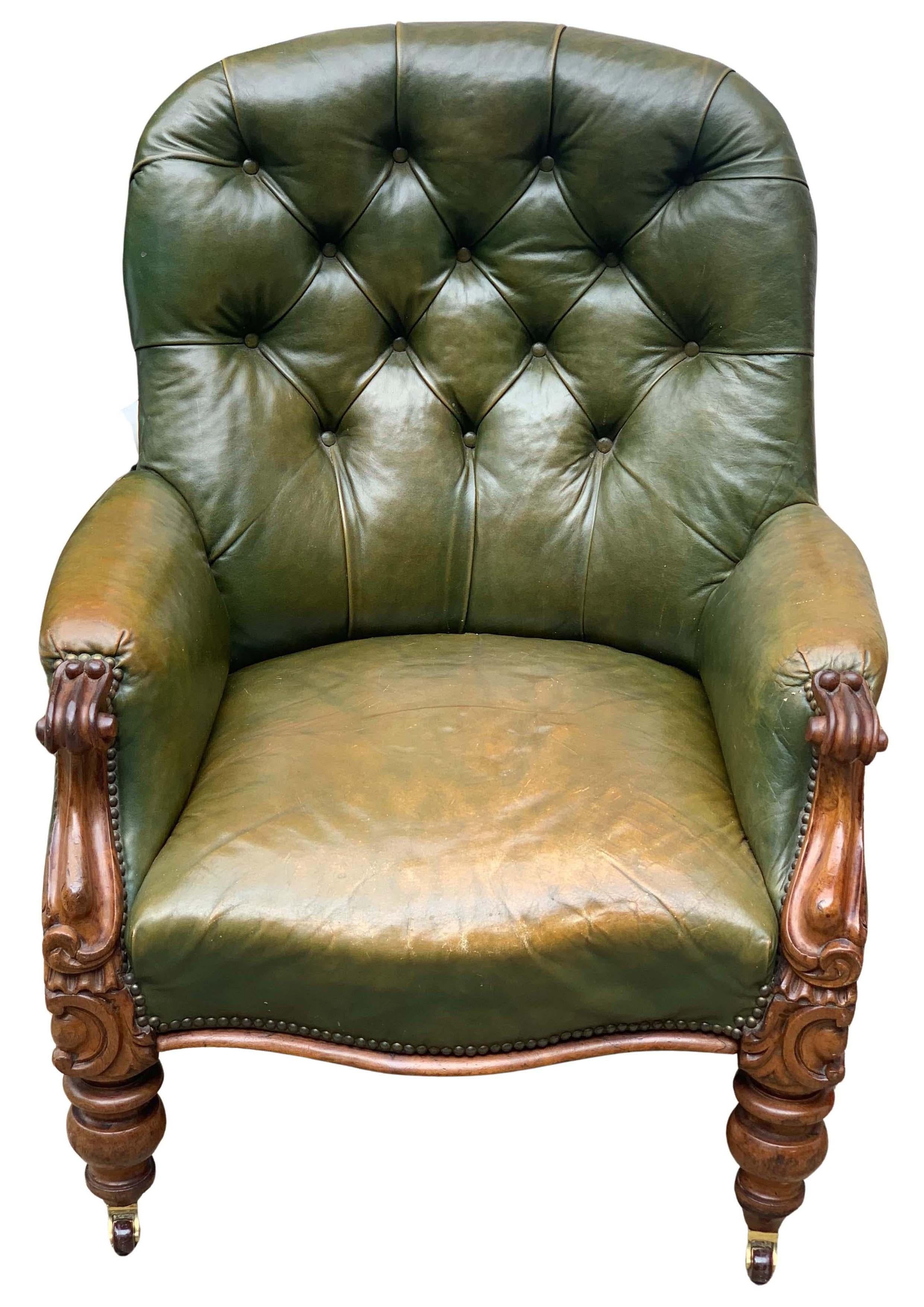 Victorian Polished Racing Green Leather Chesterfield Armchair With Brass Studs For Sale 1