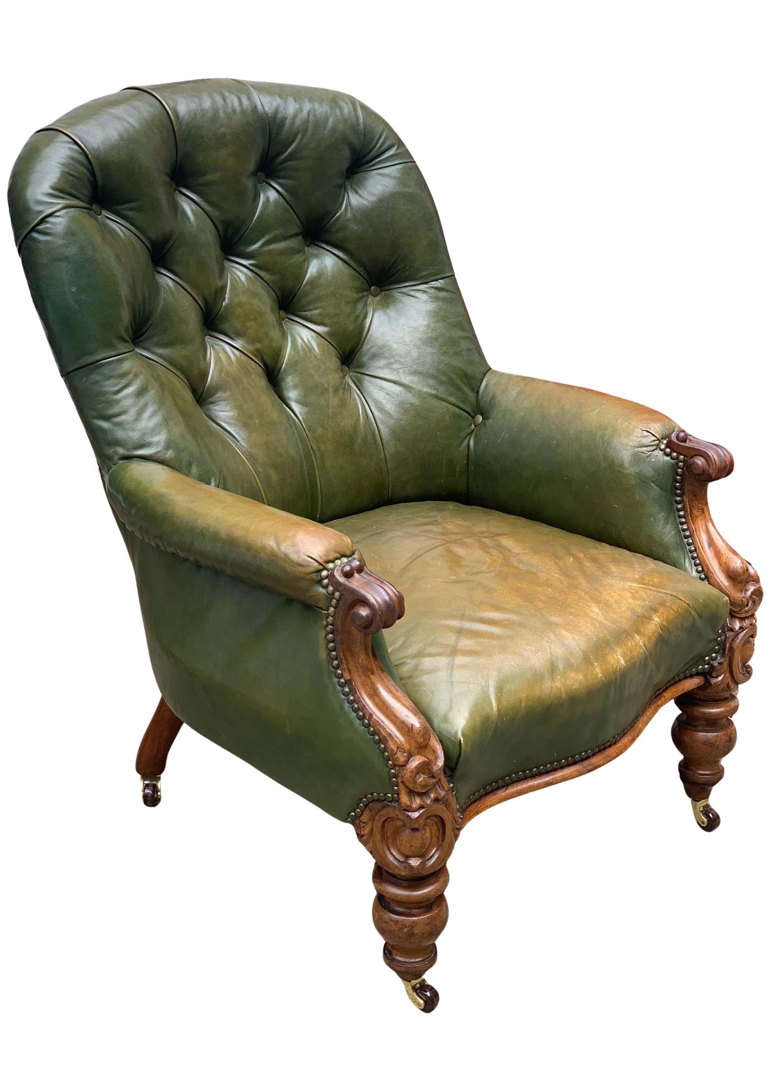 Victorian Polished Racing Green Leather Chesterfield Armchair With Brass Studs For Sale 3