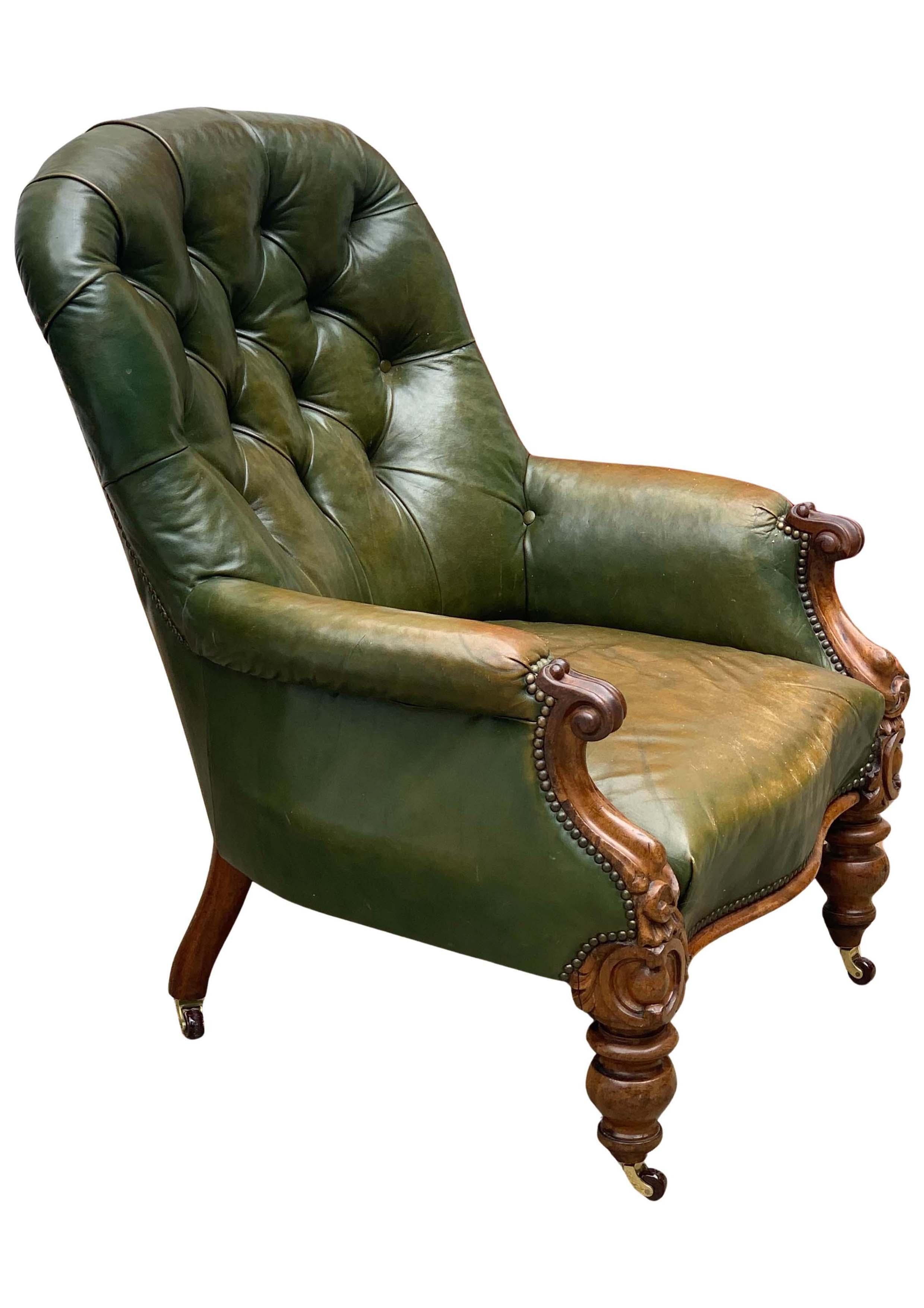 Victorian Polished Racing Green Leather Chesterfield Armchair With Brass Studs For Sale 4
