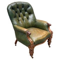 Victorian Polished Racing Green Leather Chesterfield Armchair With Brass Studs