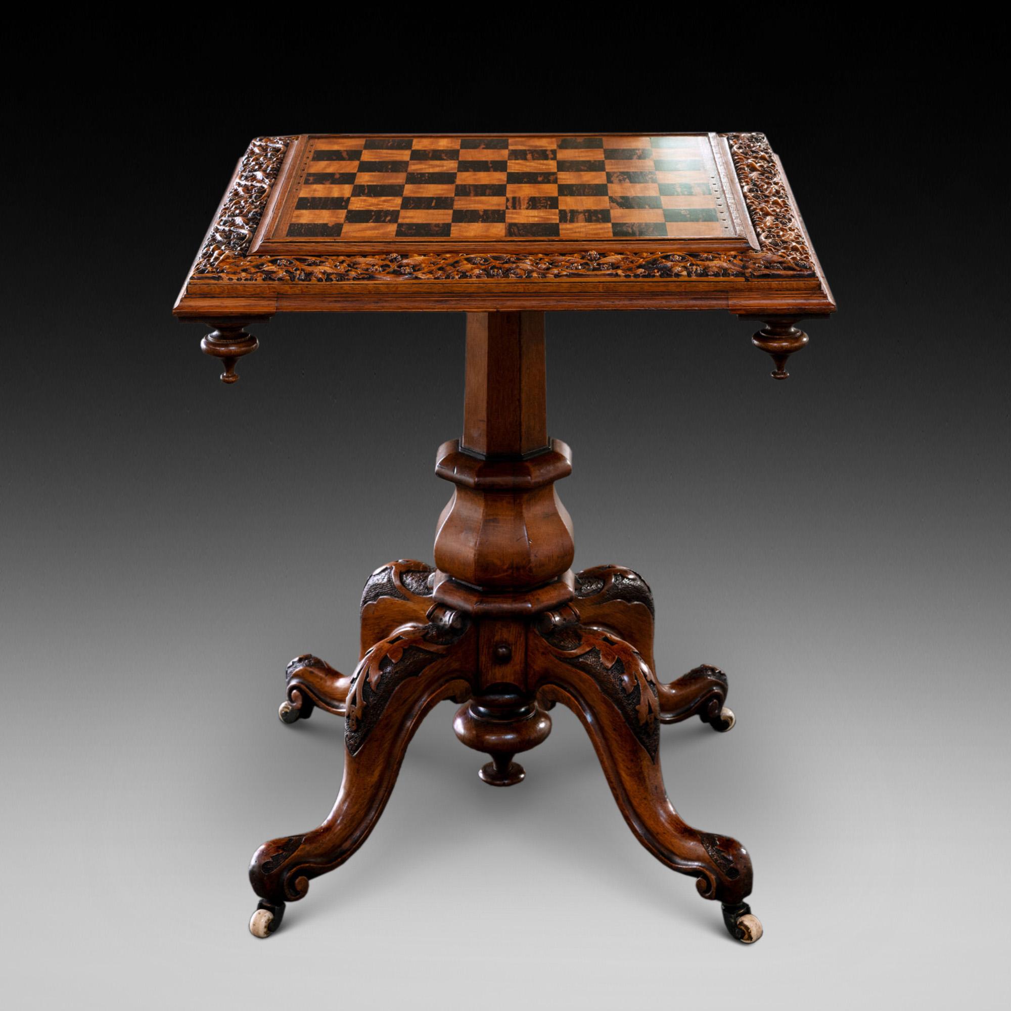 Victorian Pollard Oak Tilt-Top Chess Table - The game board made with West Indian satinwood and Sri Lankan coromandel veneers to complete a striking piece of furniture - 24