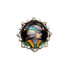 Broche y colgante victorianos de porcelana, diamantes y perlas de oro