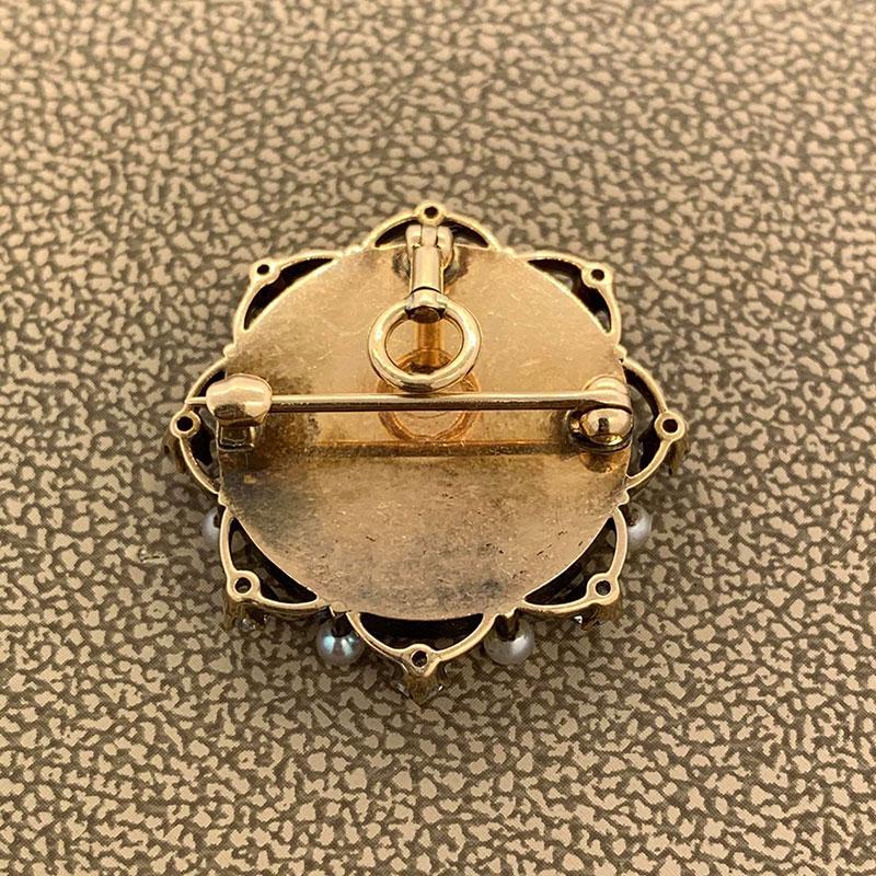 Women's or Men's Victorian Porcelain Diamond Seed Pearl Gold Brooch and Pendant For Sale