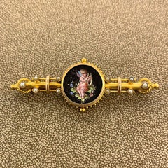Victorian Porcelain Seed-Pearl Gold Brooch