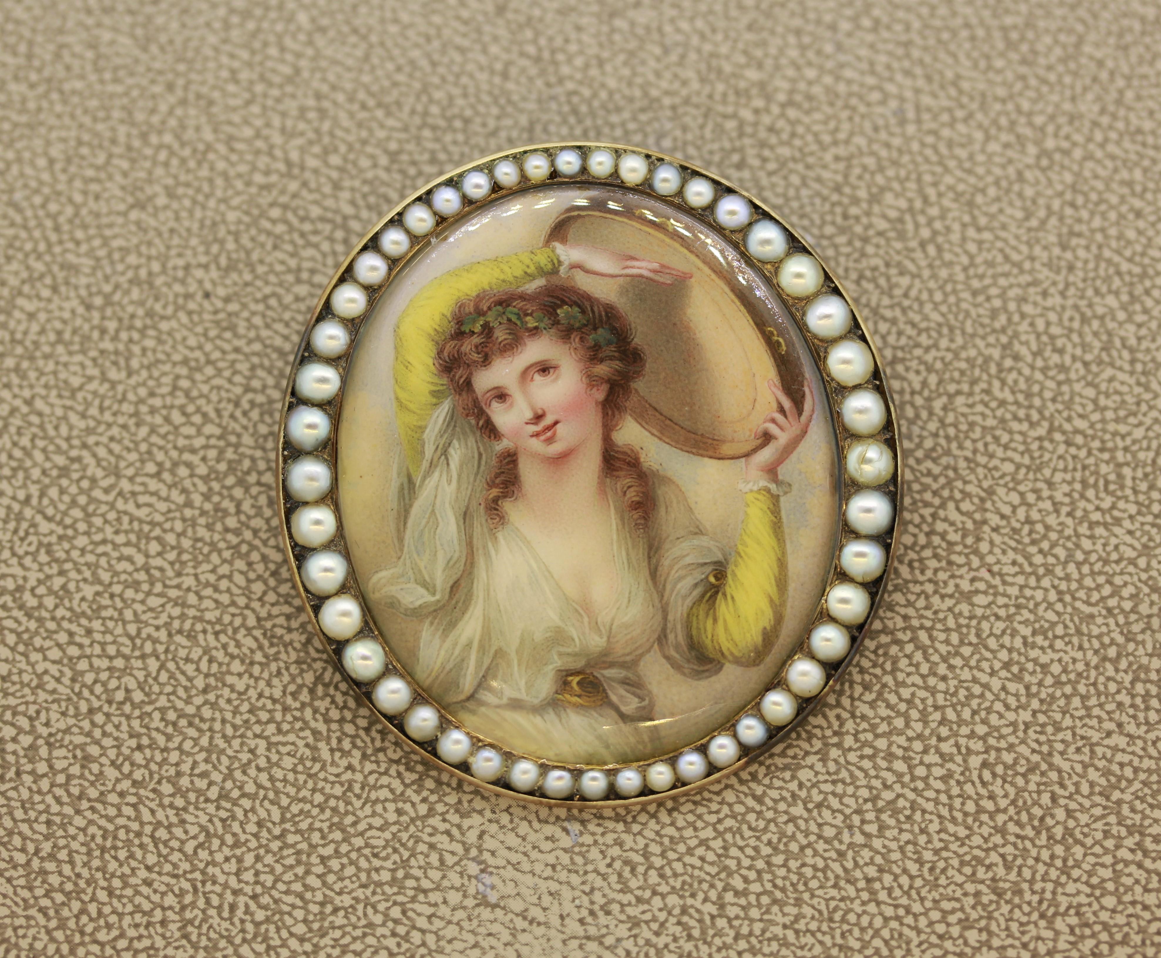 Round Cut Victorian Porcelain Seed-Pearl Gold Pendant-Brooch