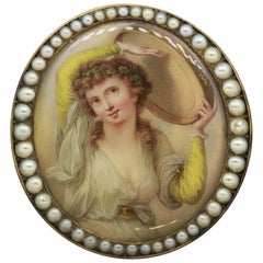 Antique Victorian Porcelain Seed-Pearl Gold Pendant-Brooch