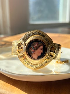 Victorian Portrait Enamel Diamond 14k Yellow Gold Bangle